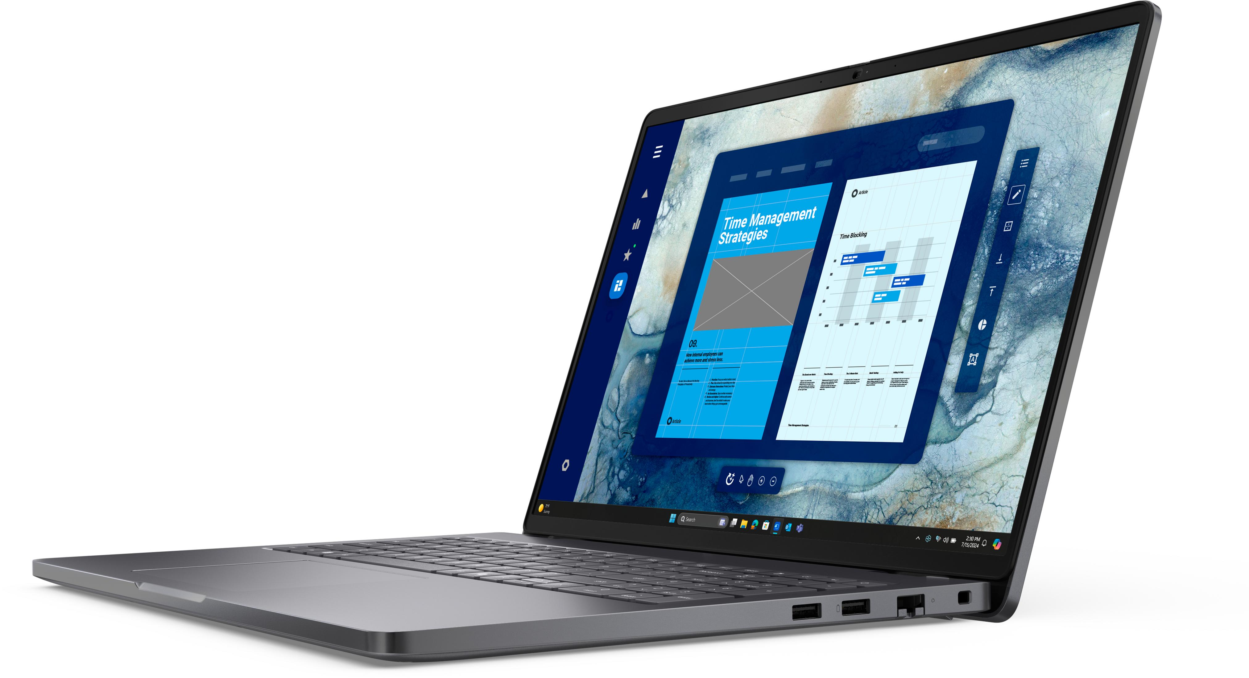 Un laptop grigio mostra una presentazione sulle strategie di gestione del tempo sullo schermo.