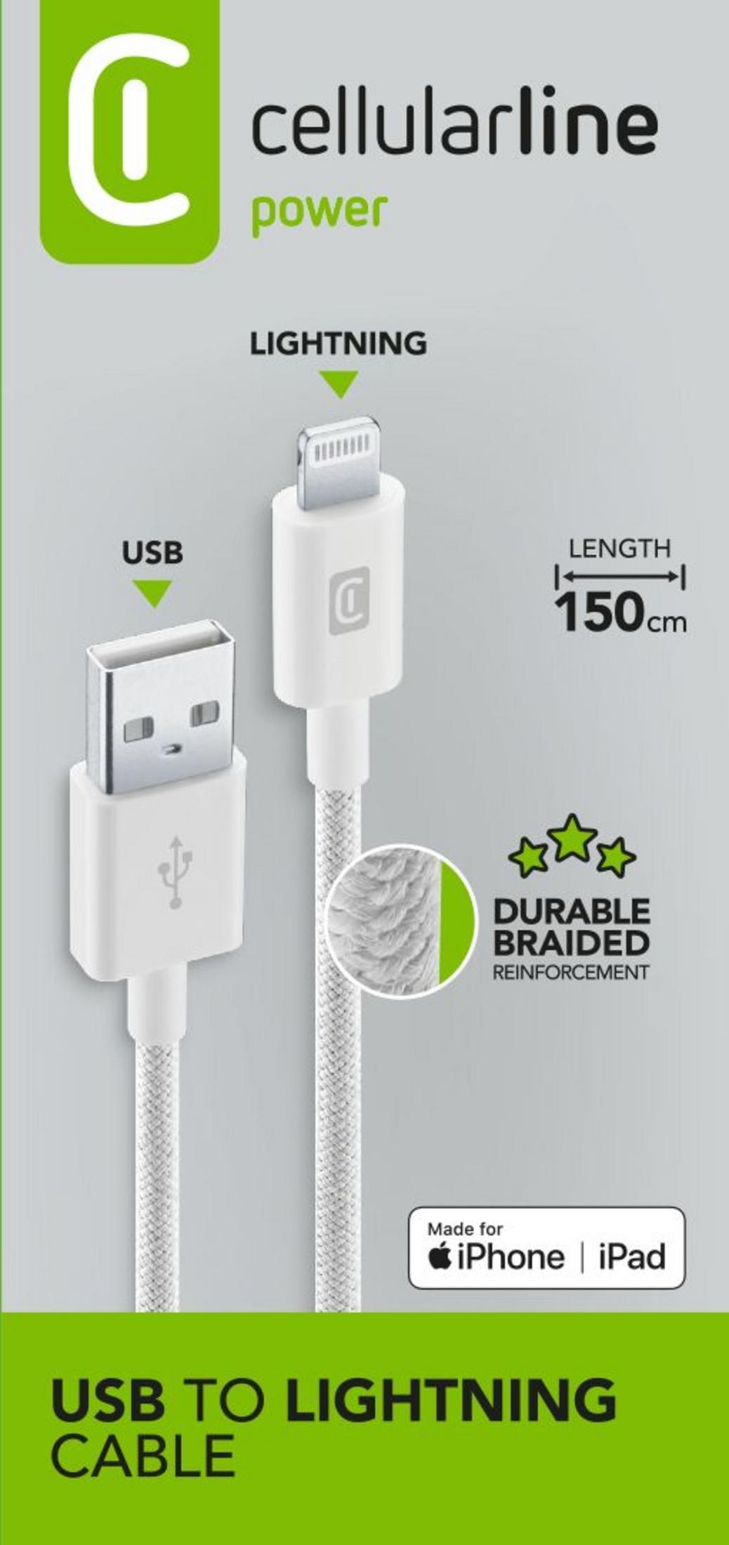 Cellularline USB-zu-Lightning-Kabel, 150cm, weiß, strapazierfähige geflochtene Verstärkung.