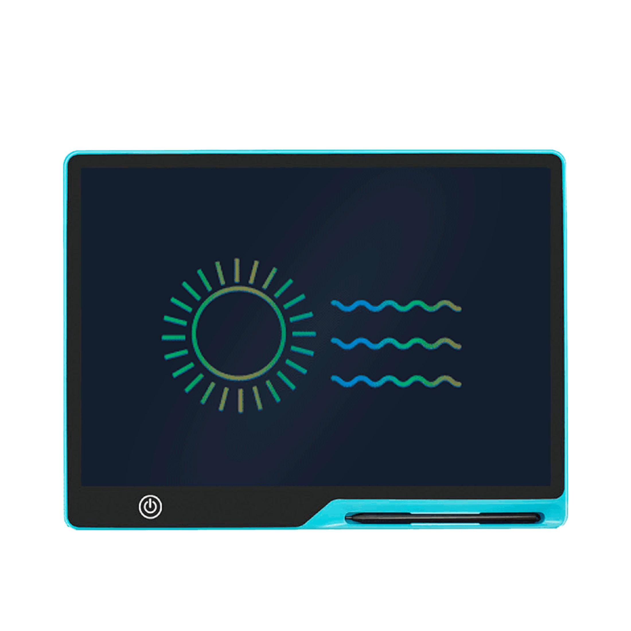 Una tavoletta LCD blu con disegno di sole e onde.