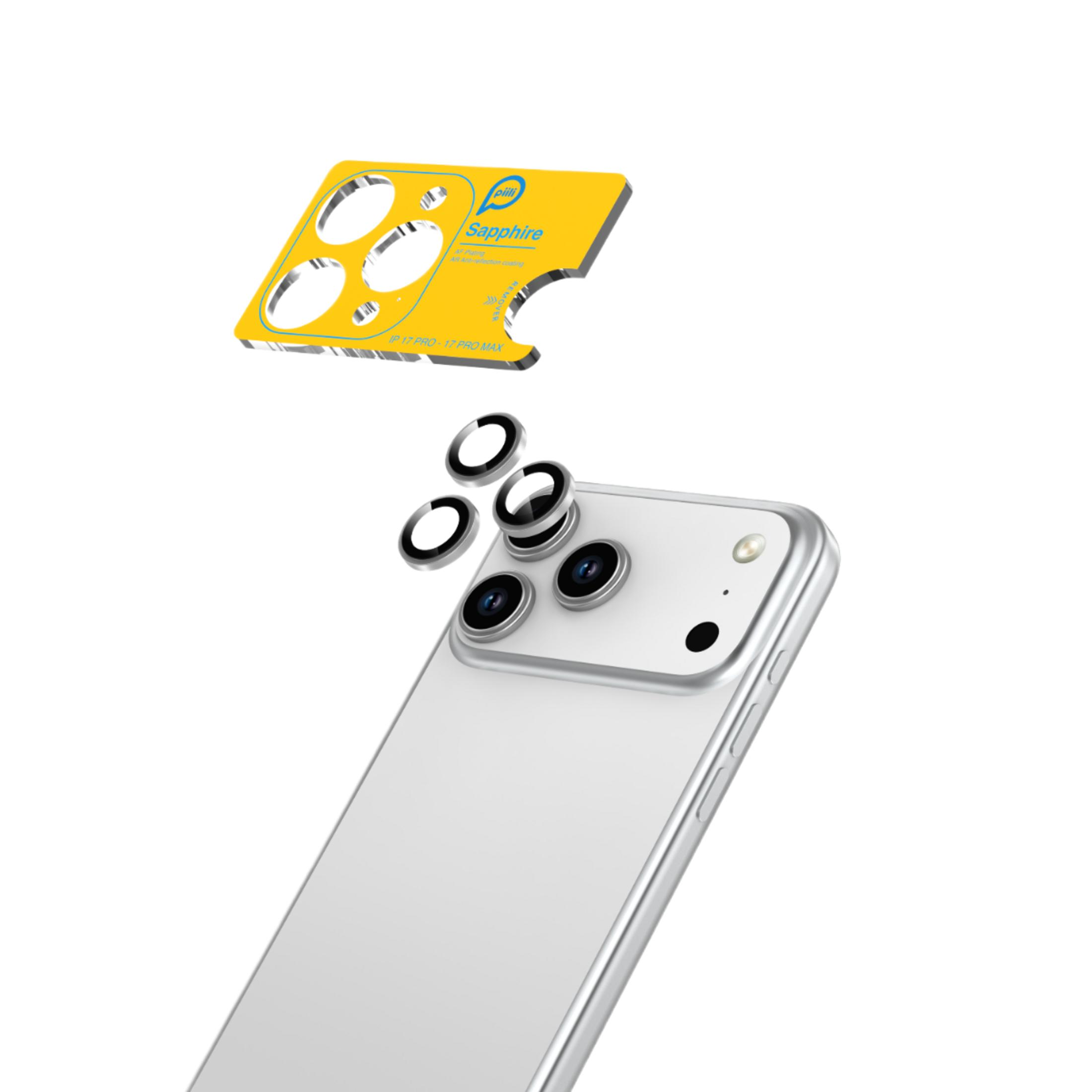 Akıllı telefon kamera lens koruyucuları ve beyaz arka planda beyaz bir akıllı telefon.