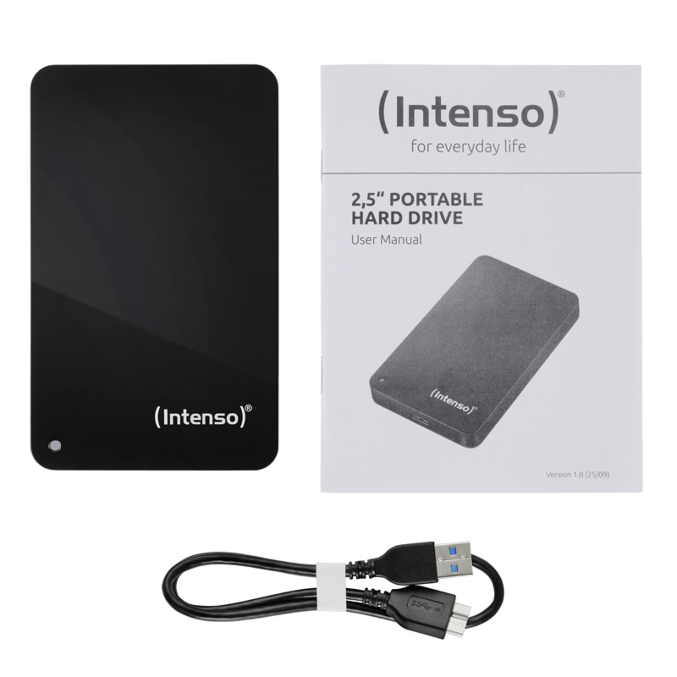 Hard disk portatile nero da 2,5 pollici con manuale e cavo USB.