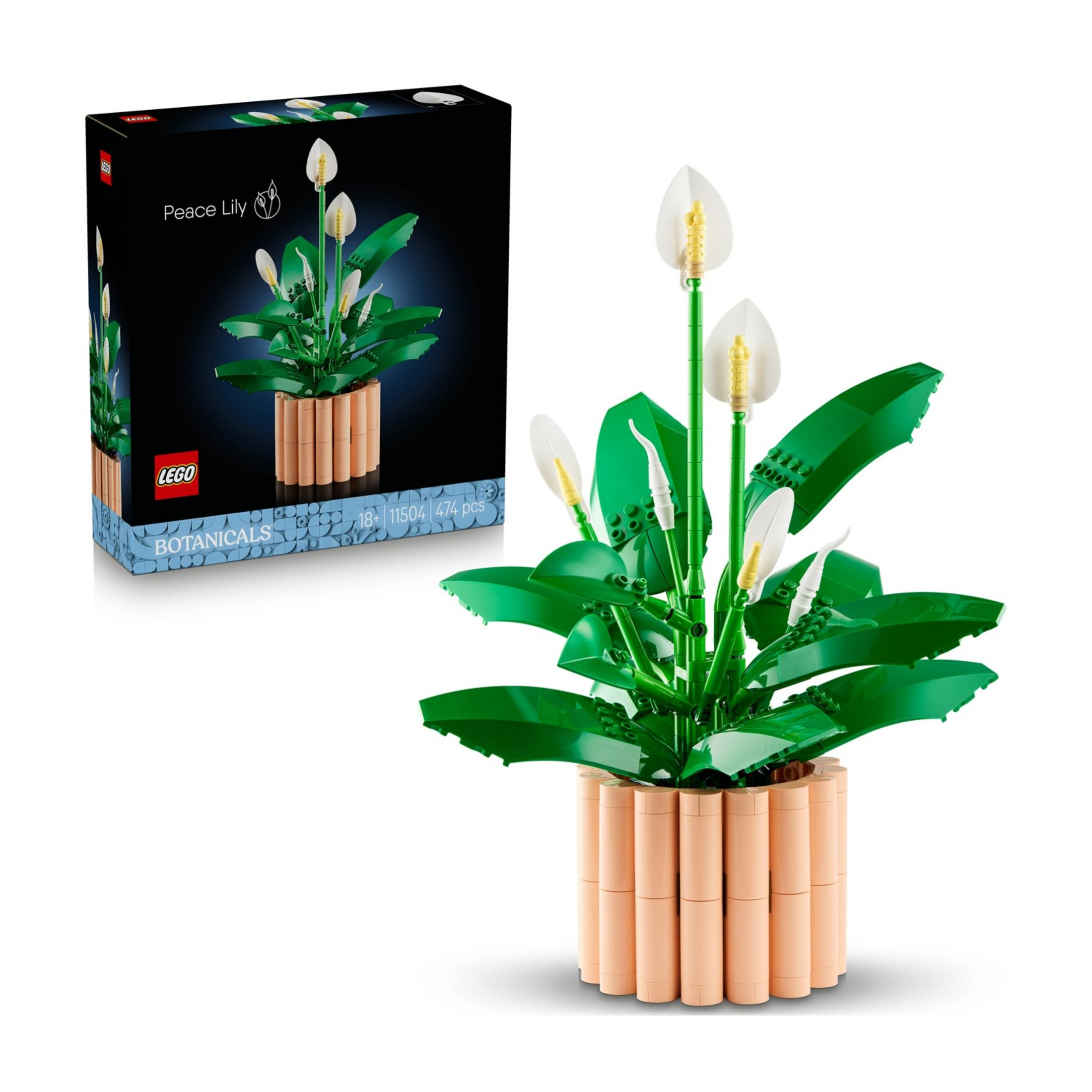 Un modelo de Lego de una planta de lirio de paz en una maceta.
