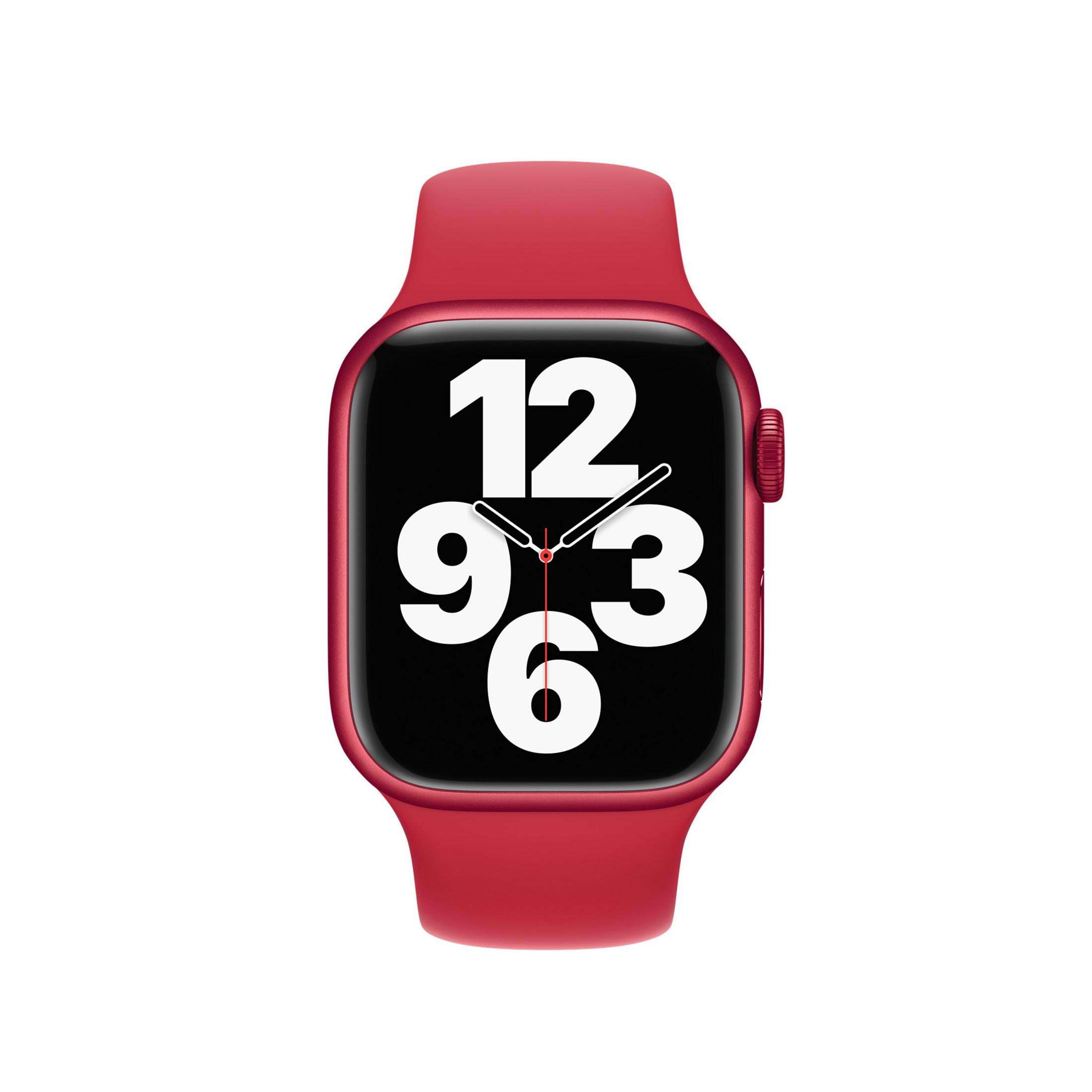 Rote Smartwatch mit digitaler Anzeige auf schwarzem Hintergrund.
