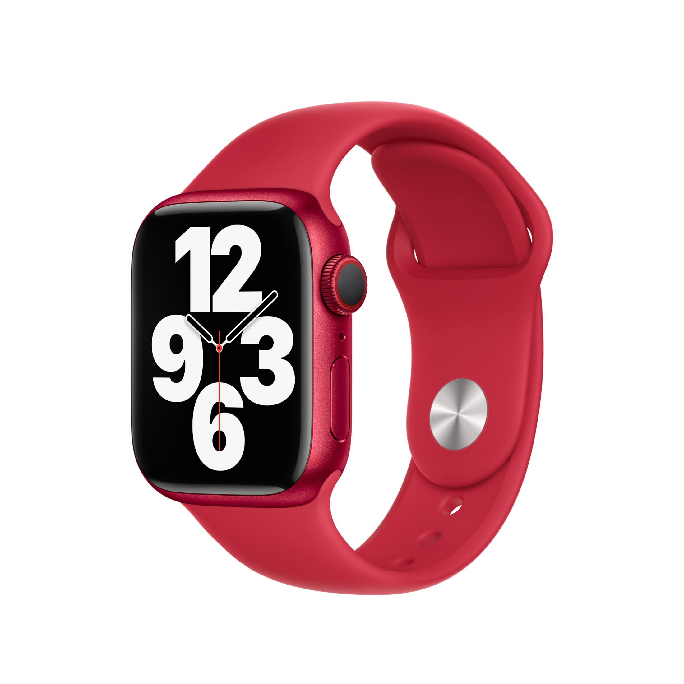 Rote Smartwatch mit schwarzem Zifferblatt und weißen Zahlen.