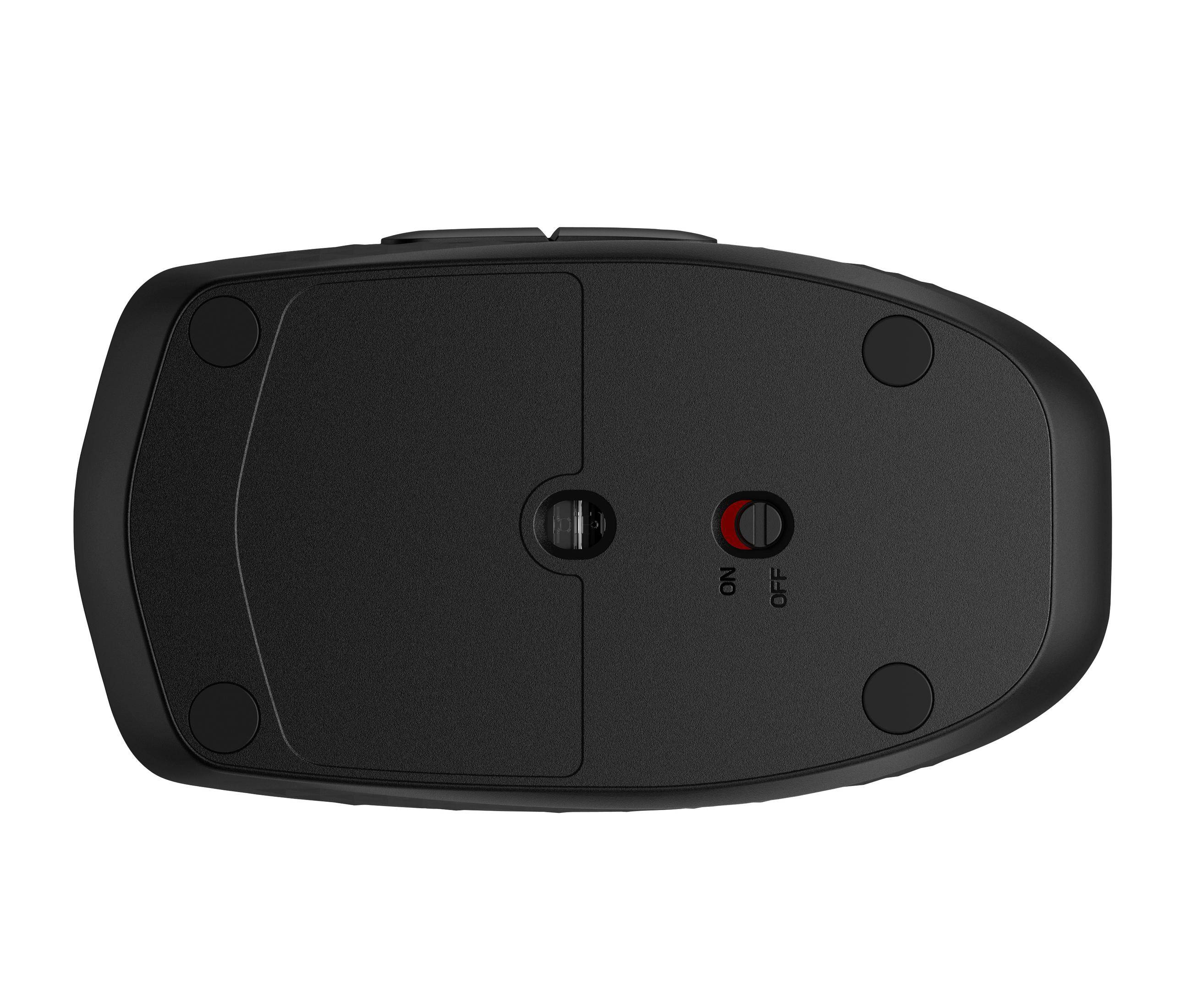 Parte inferiore di un mouse nero con interruttore on/off e quattro pad.