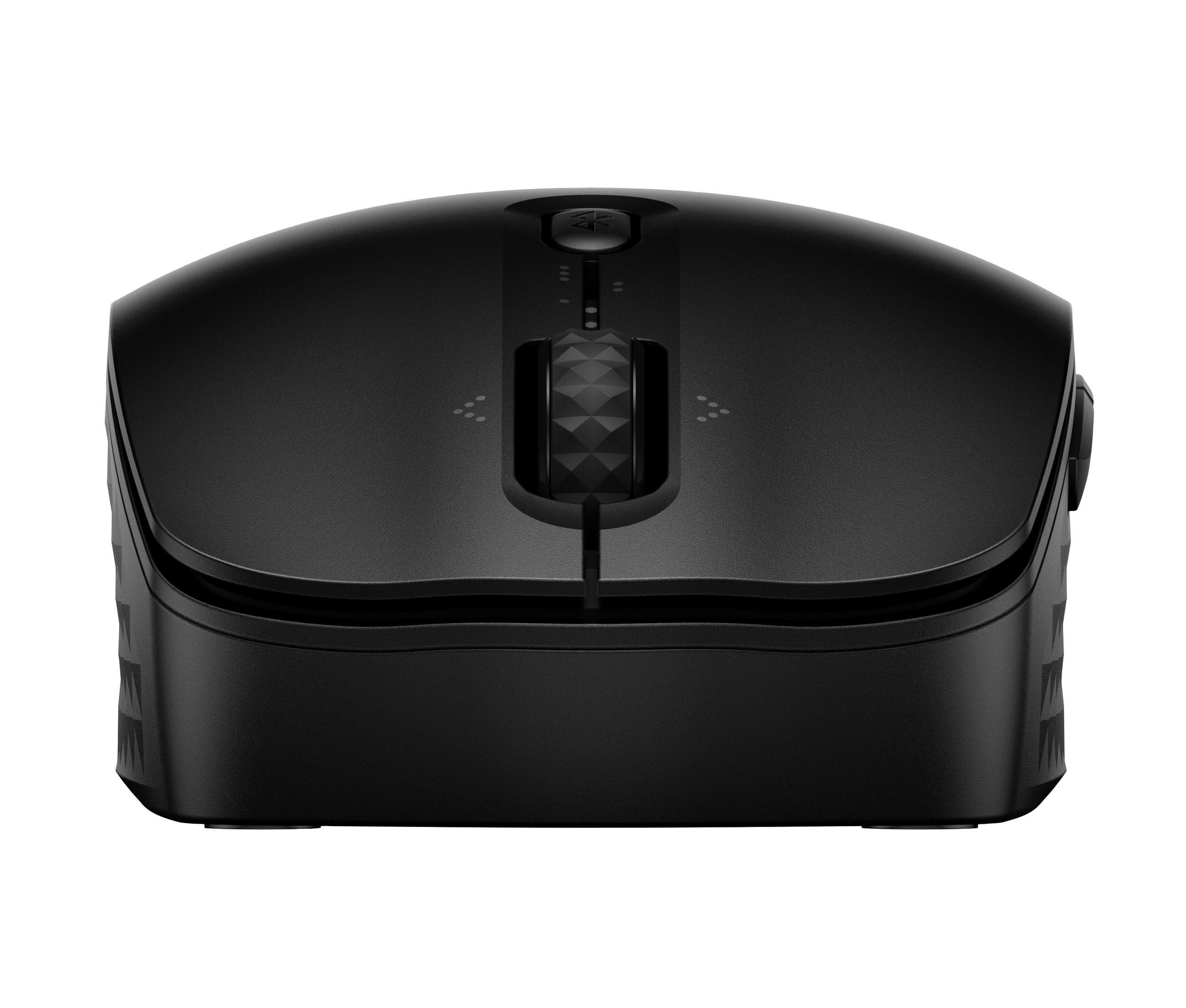 Un mouse per computer nero con rotellina e pulsanti, su sfondo bianco.