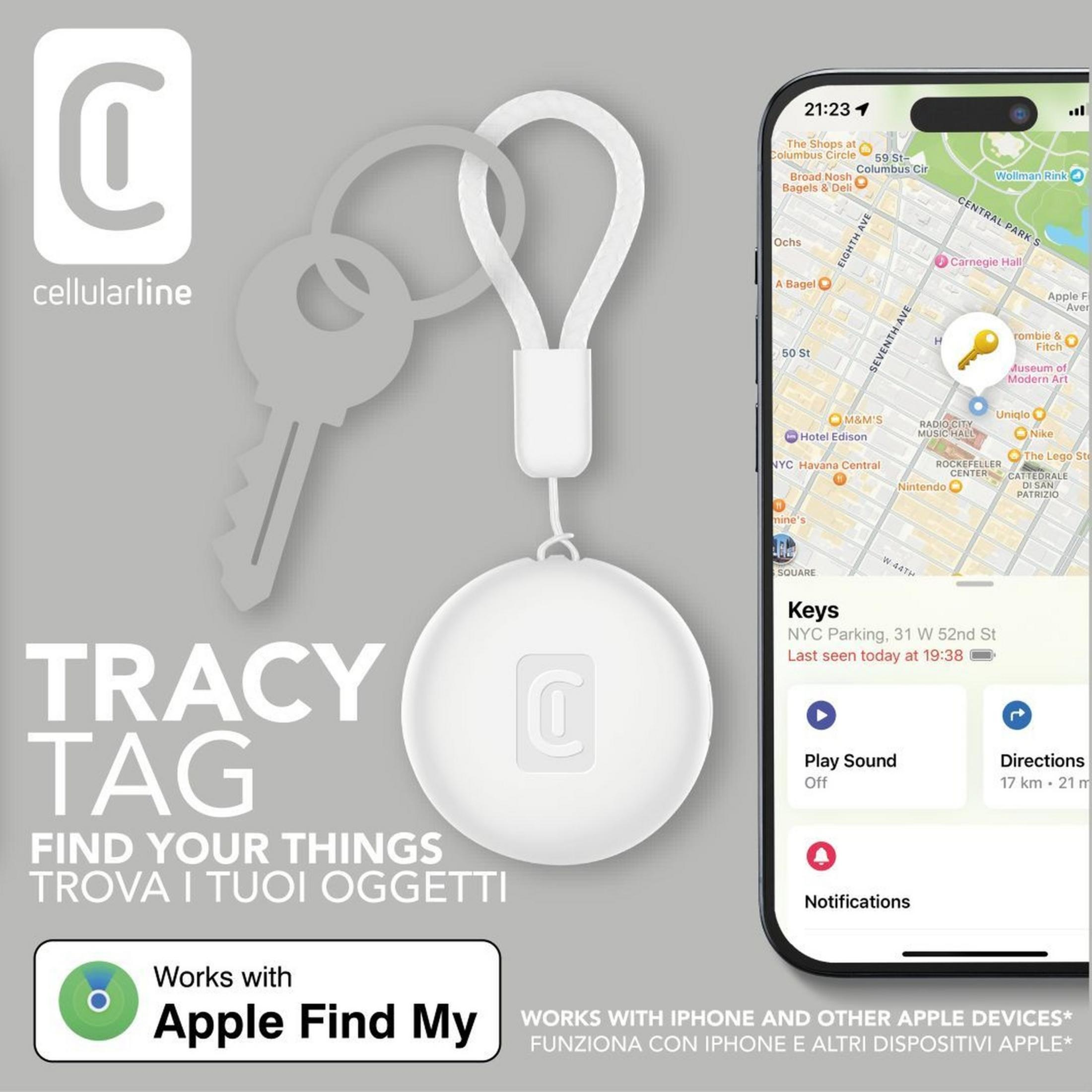 Weiße Cellularline Tracy Tag mit Schlüsselanhänger neben iPhone-Karte