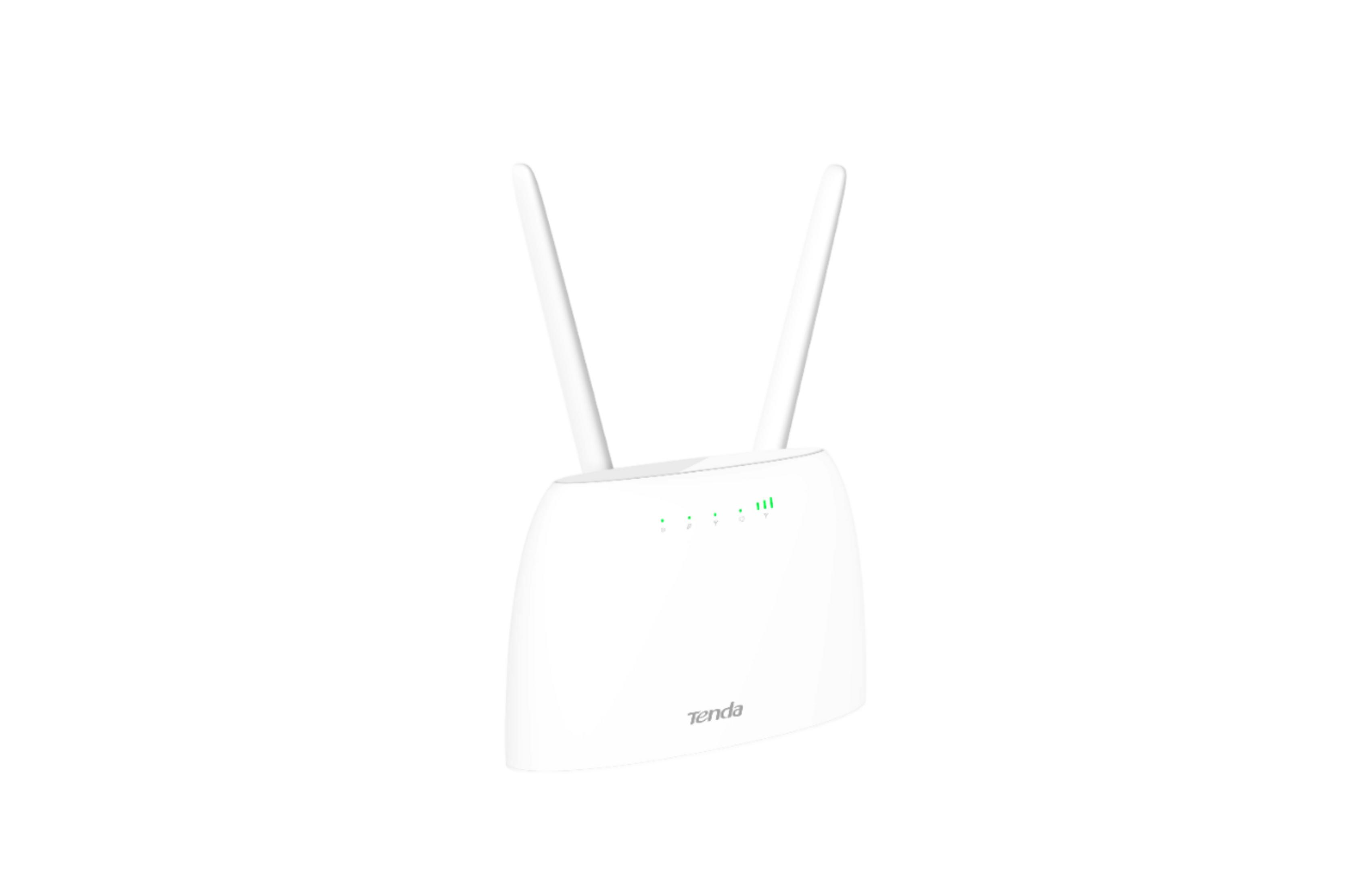 Biały router Tenda z dwiema antenami i zielonymi diodami LED.