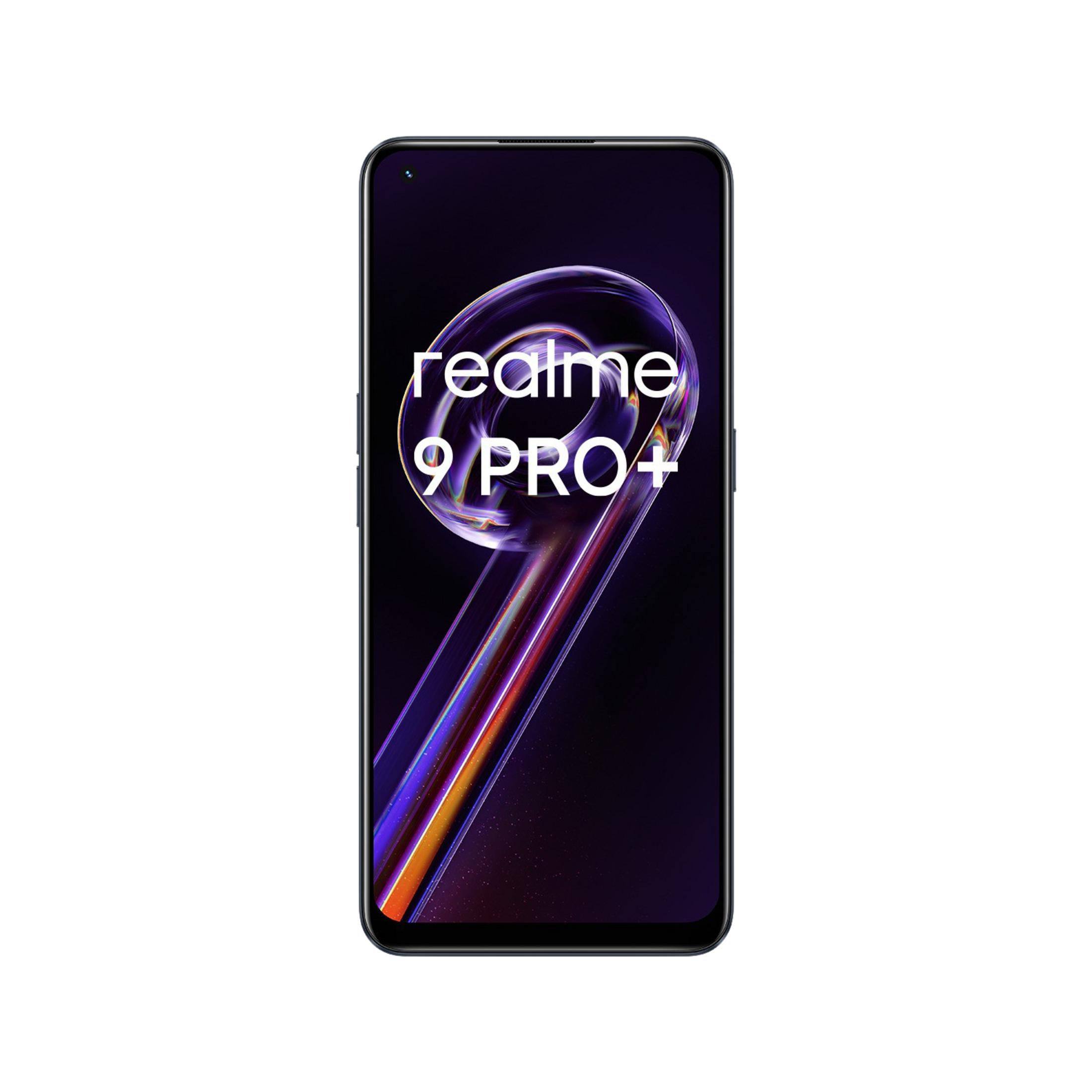 Uno smartphone Realme 9 Pro+ scuro con sfondo viola e arancione.