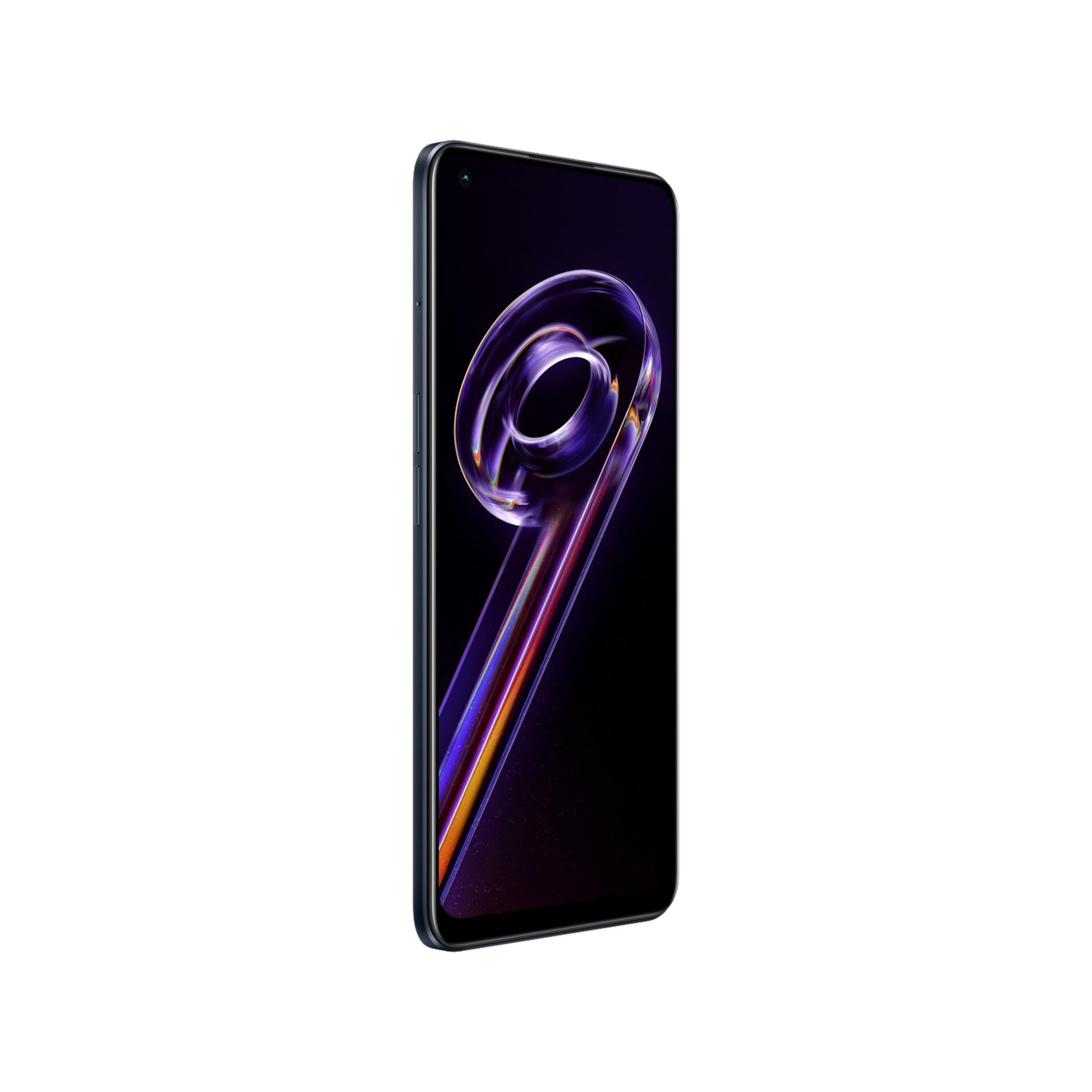 Uno smartphone scuro con uno sfondo astratto viola e arancione sullo schermo.
