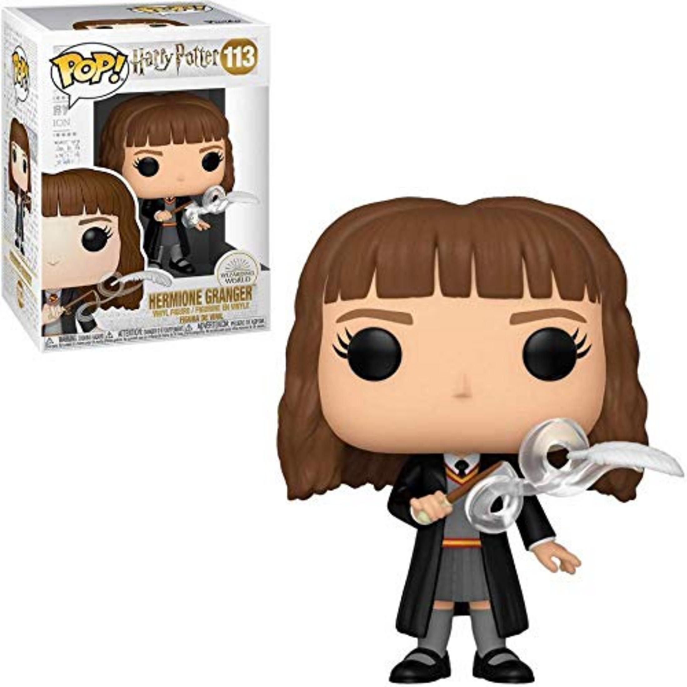 Hermine Granger Funko Pop-Figur mit Zauberstab und Besen im Hogwarts-Outfit.