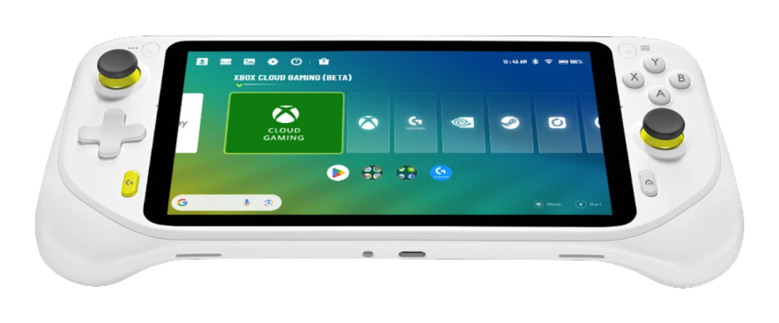 Weißes Handheld-Gaming-Gerät mit großem Bildschirm, das Cloud-Gaming-Apps und Steuerelemente anzeigt.