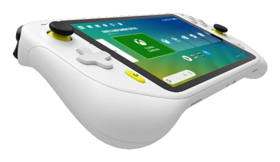 Ein weißer Handheld-Gaming-PC mit gelben Akzenten, der Xbox Cloud Gaming anzeigt.