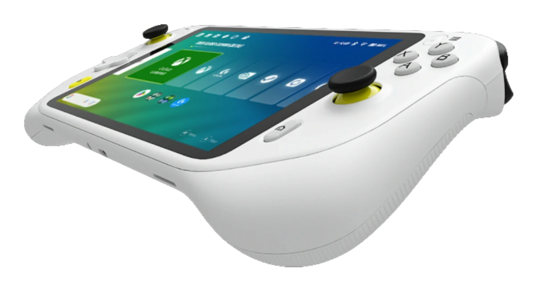 Ein weißer Handheld-Gaming-Controller mit einem Touchscreen, der App-Symbole anzeigt.