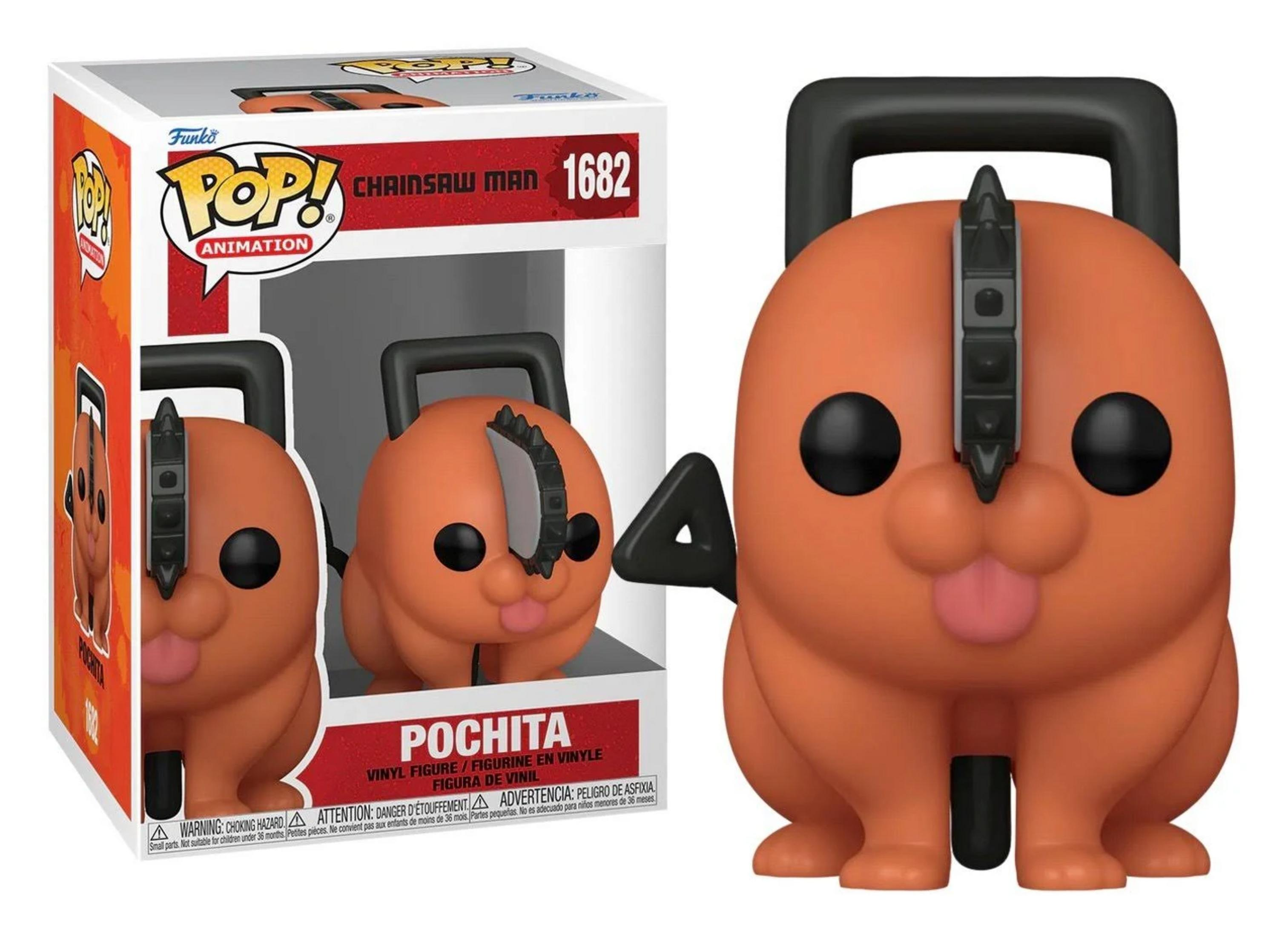 Ein orangefarbener Pochita-Pop!-Vinyl-Aufsteller mit Kettensägen-Detail und Zunge.