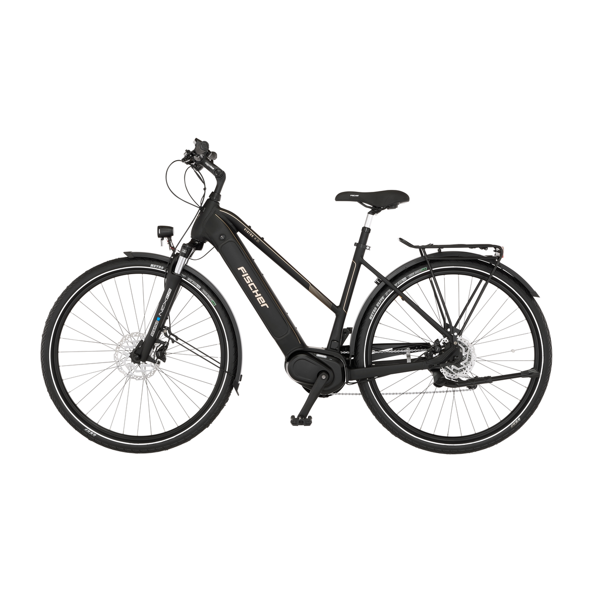 Schwarzes E-Bike mit Gepäckträger, Federgabel und Scheibenbremsen.