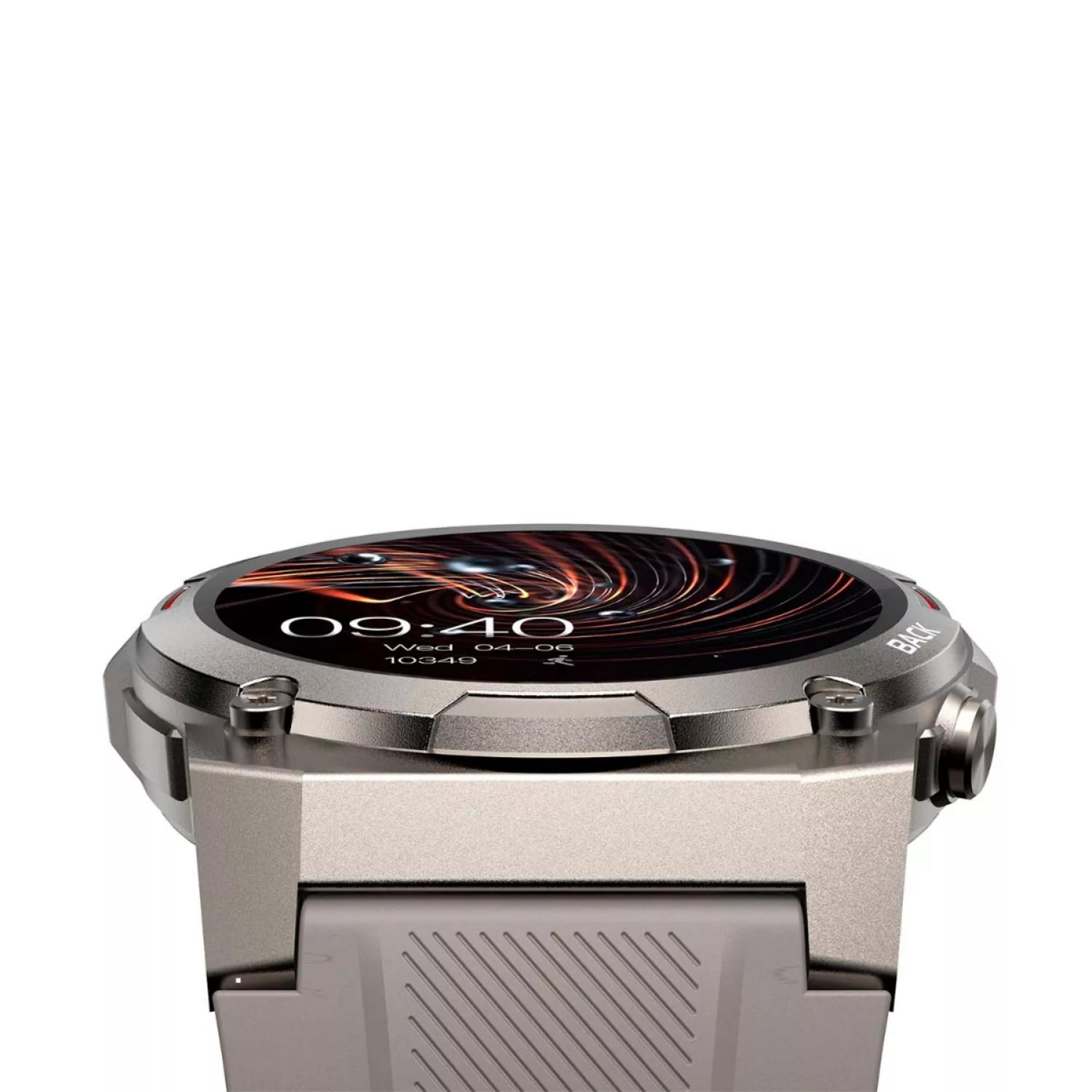 Smartwatch argento con quadrante colorato, ore 09:40.