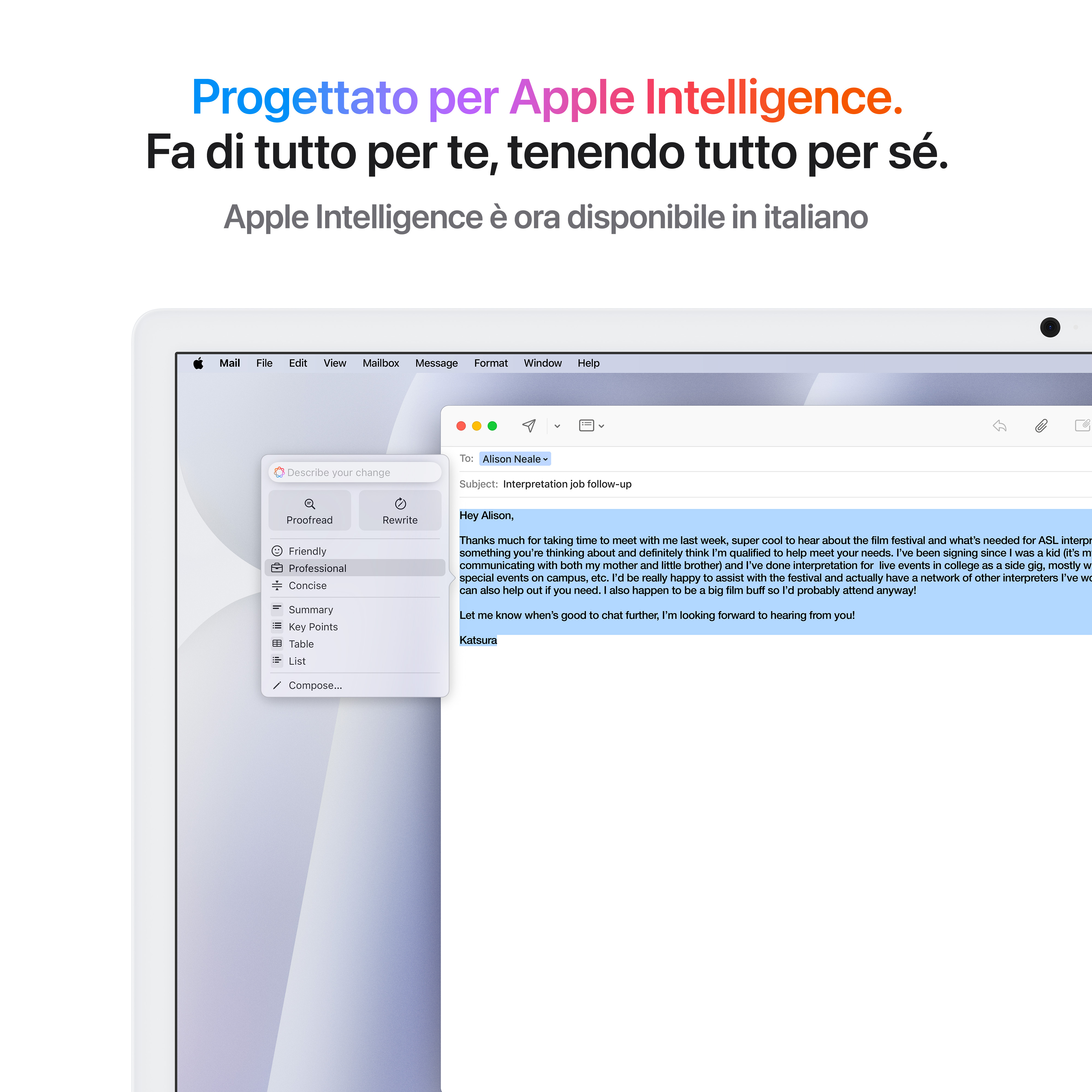 Un dispositivo Apple mostra un'app mail con una bozza di candidatura per un lavoro.