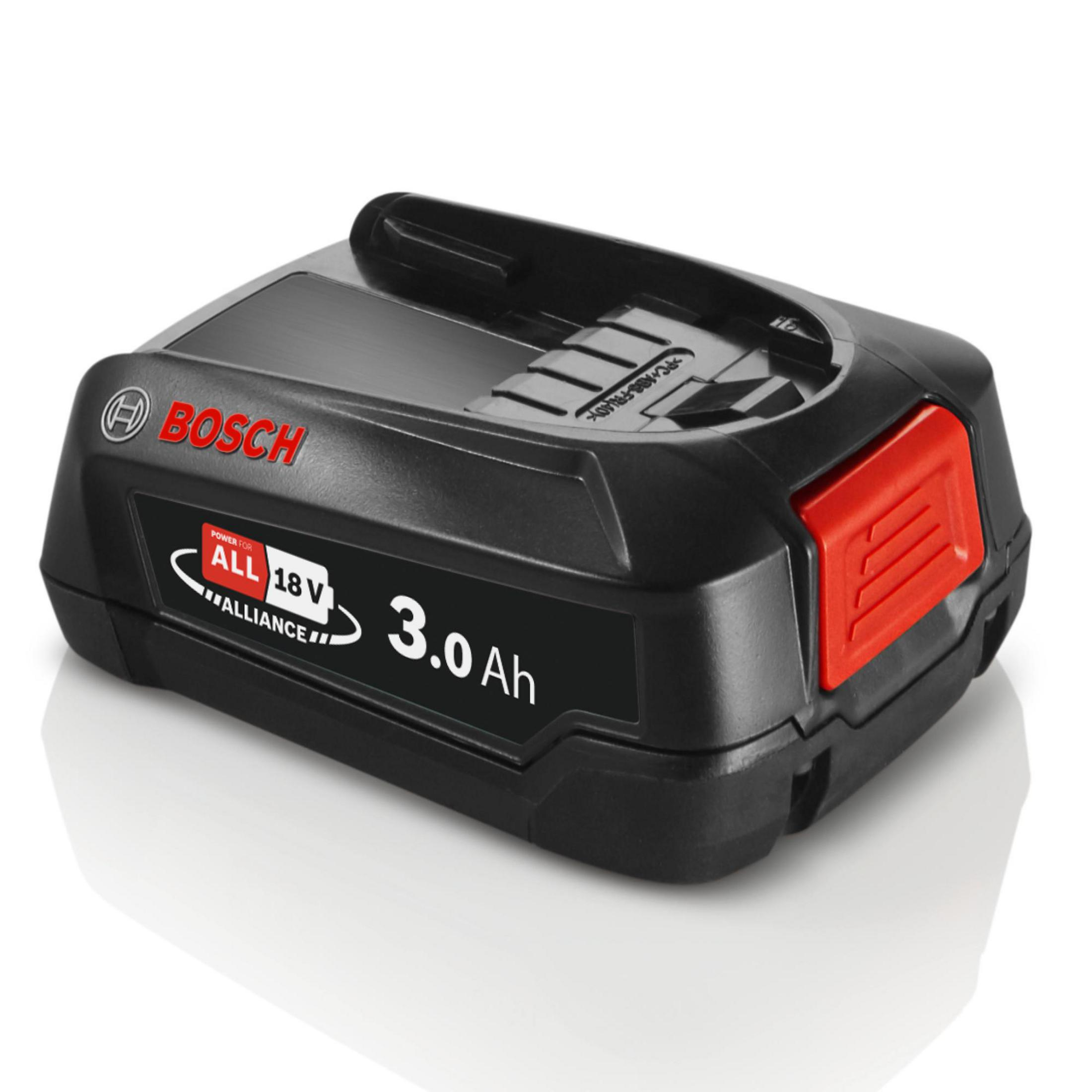 Batteria Bosch nera con pulsante rosso e specifica 18V 3.0Ah.