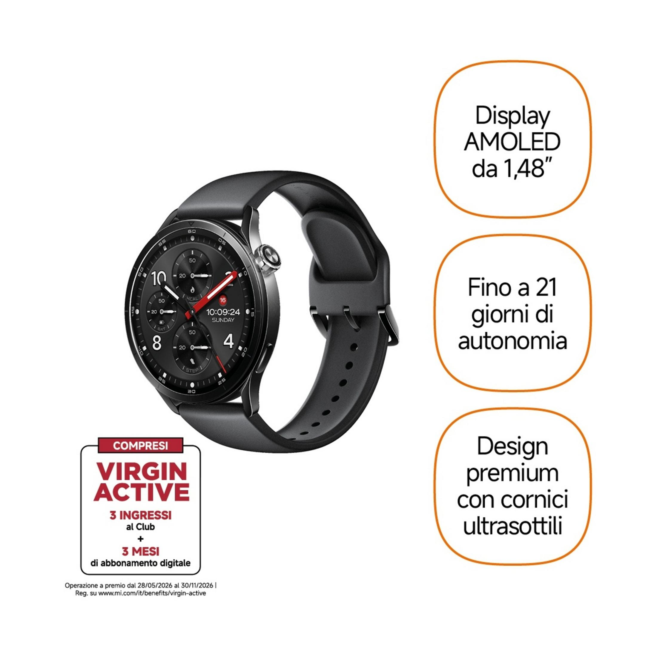 Montre connectée noire avec écran AMOLED, autonomie de 21 jours et design épuré.