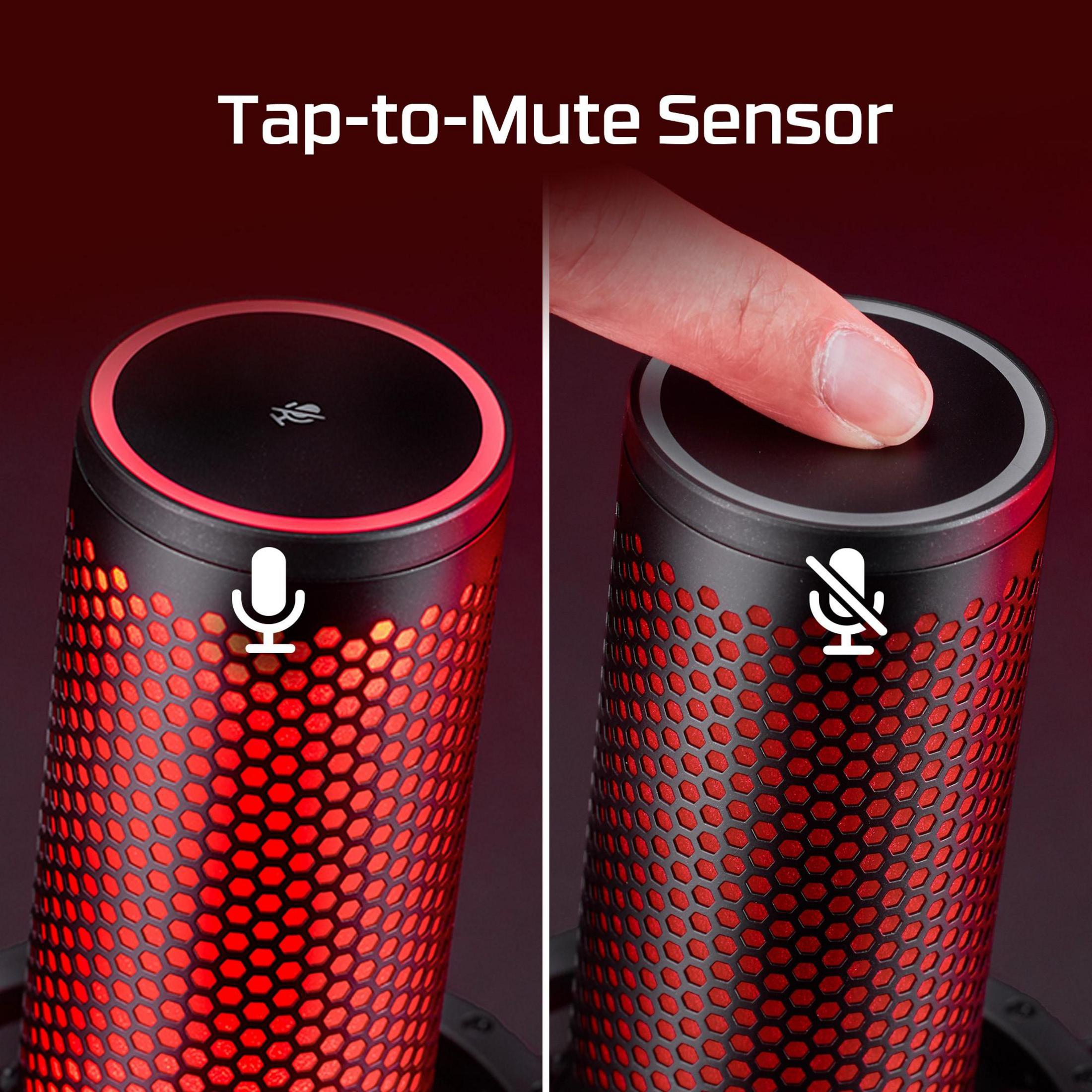 Un doigt tapote un micro avec lumière rouge. Une icône montre micro allumé/éteint.