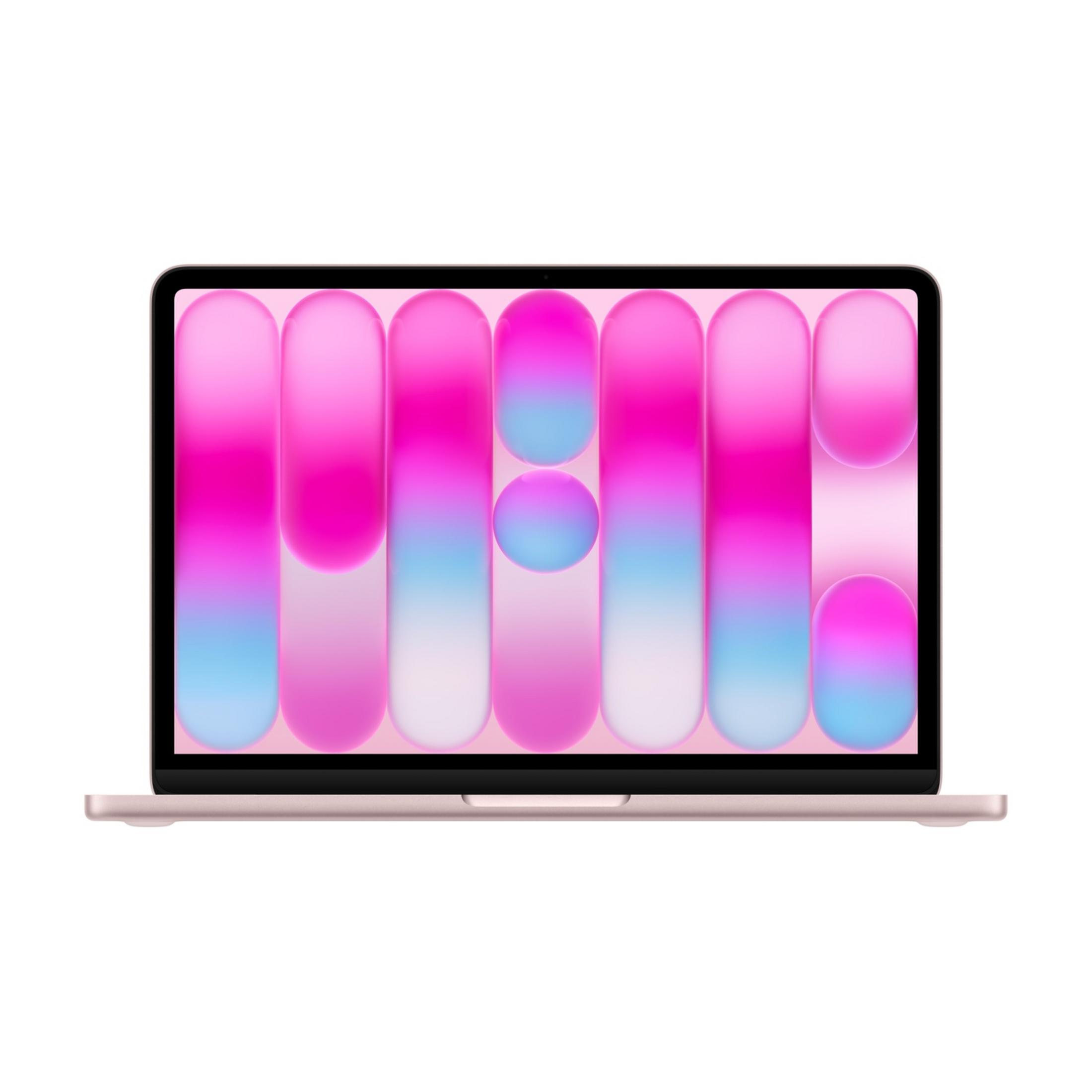 Un laptop color oro rosa con schermo di barre verticali e cerchi colorati.