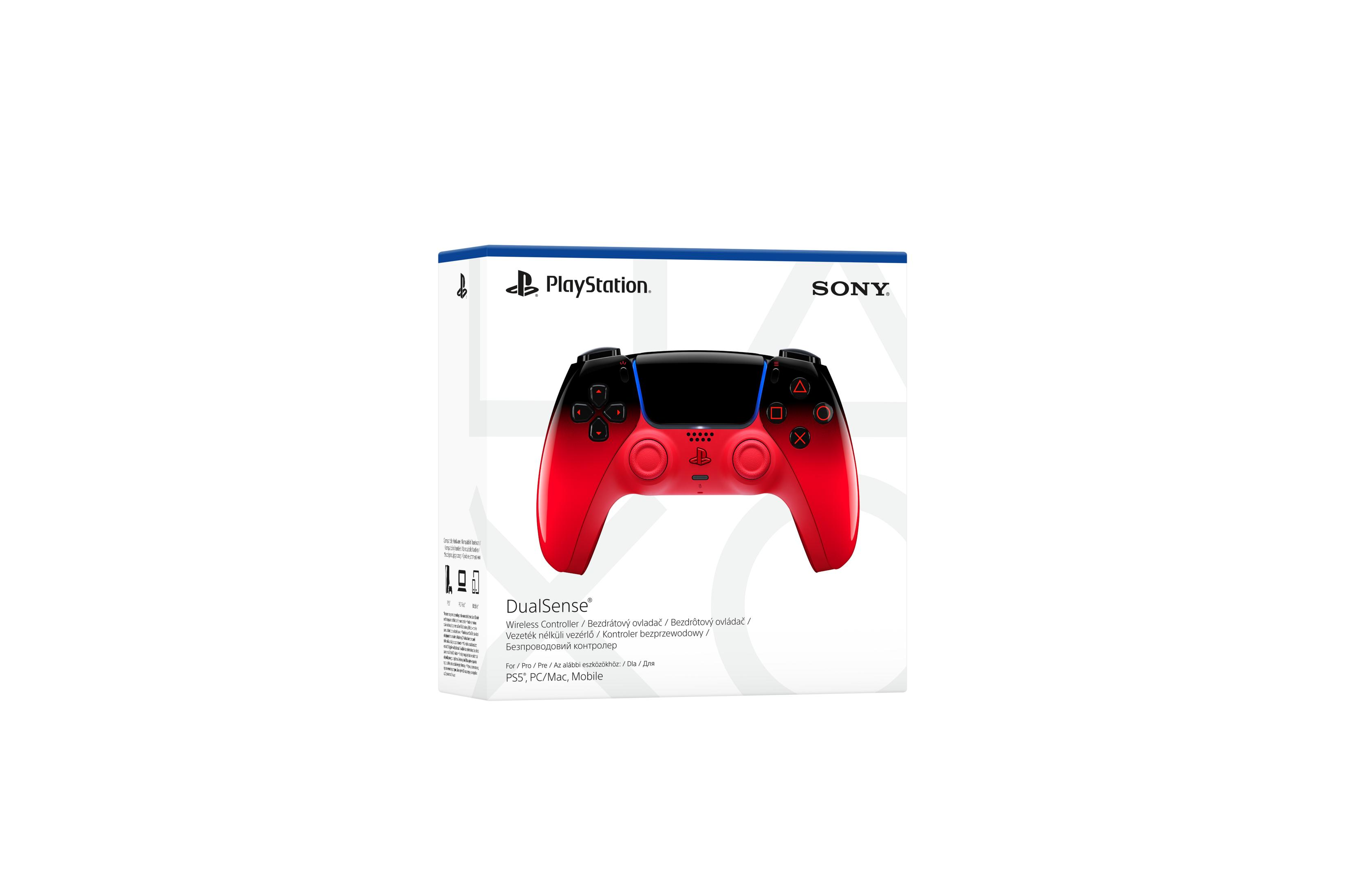 Scatola rossa e nera per controller PlayStation DualSense con immagine del controller.
