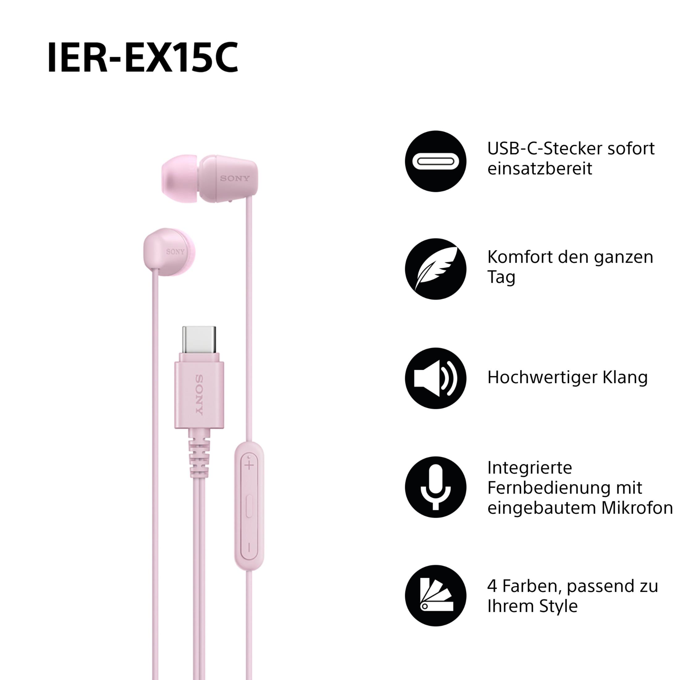 Auriculares Sony rosas in-ear con USB-C, micrófono y control de volumen.