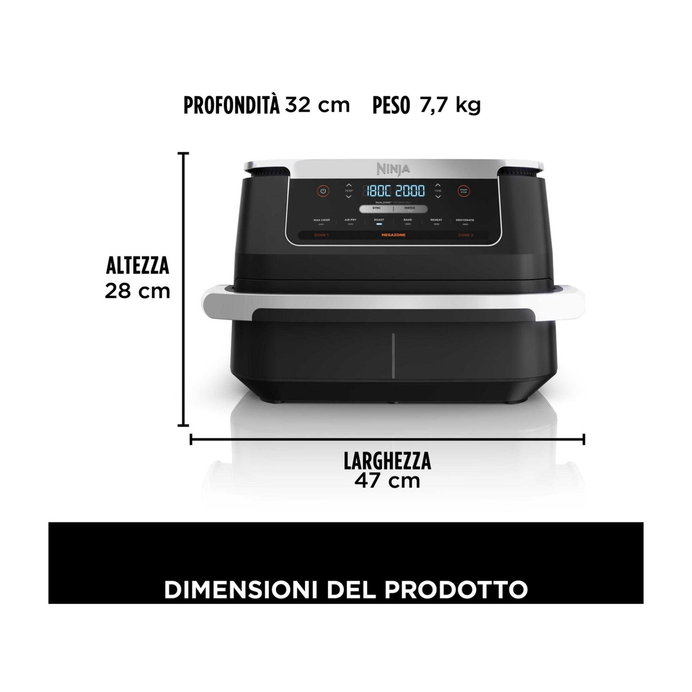 Multicooker Ninja z cyfrowymi kontrolkami. Wymiary: 32x47x28 cm, Waga: 7,7 kg.