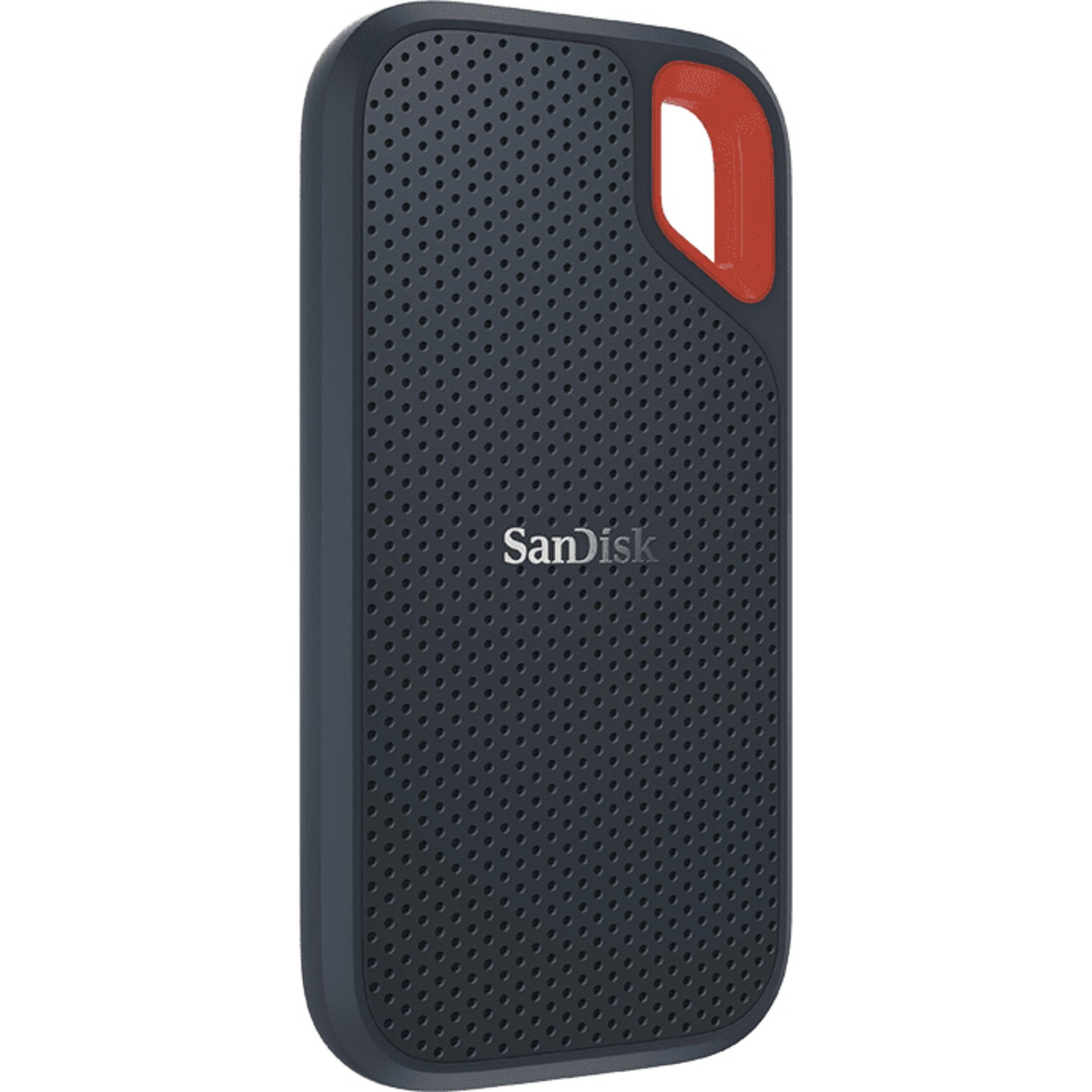 Custodia SSD SanDisk grigio scuro con accenti rossi e motivo perforato.