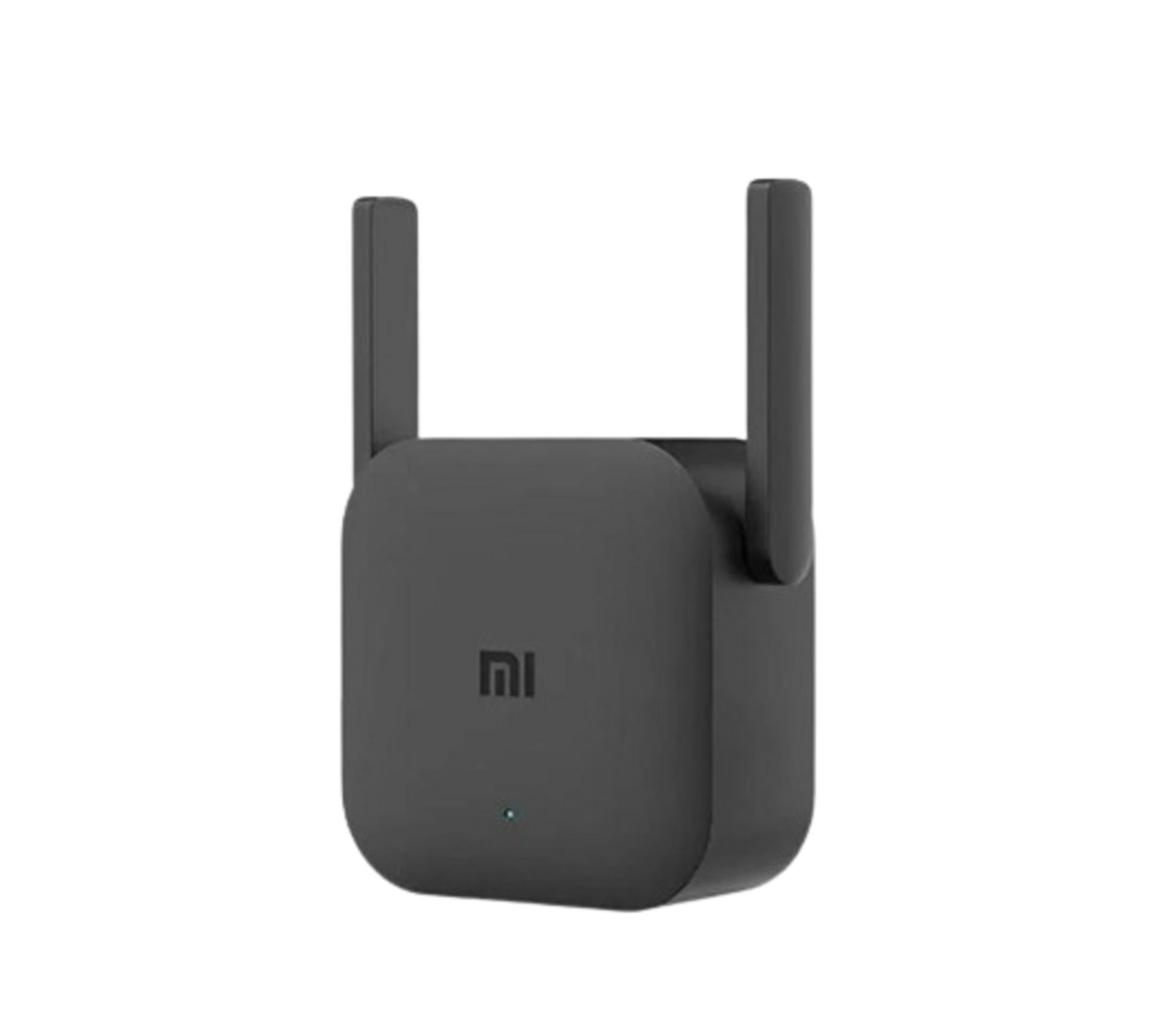 Ein schwarzer Xiaomi WLAN-Verstärker mit zwei Antennen und einem kleinen blauen Licht.