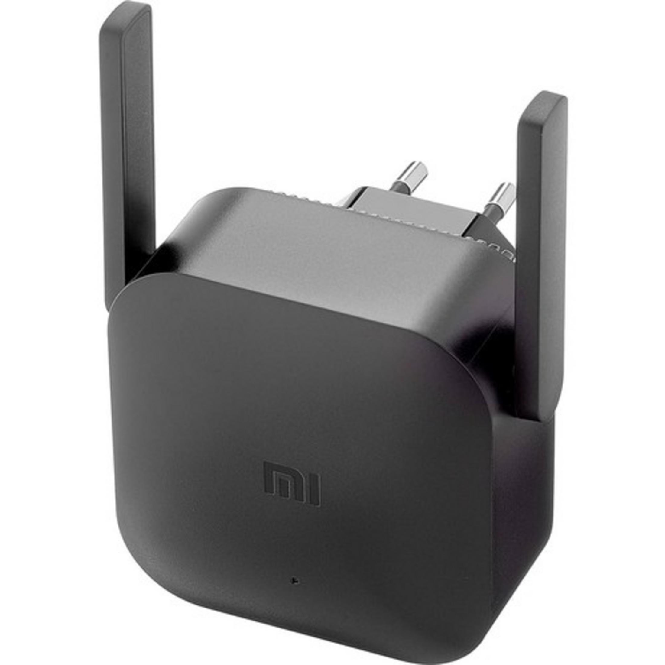 Ein schwarzer WLAN-Extender mit zwei Antennen und einem MI-Logo.