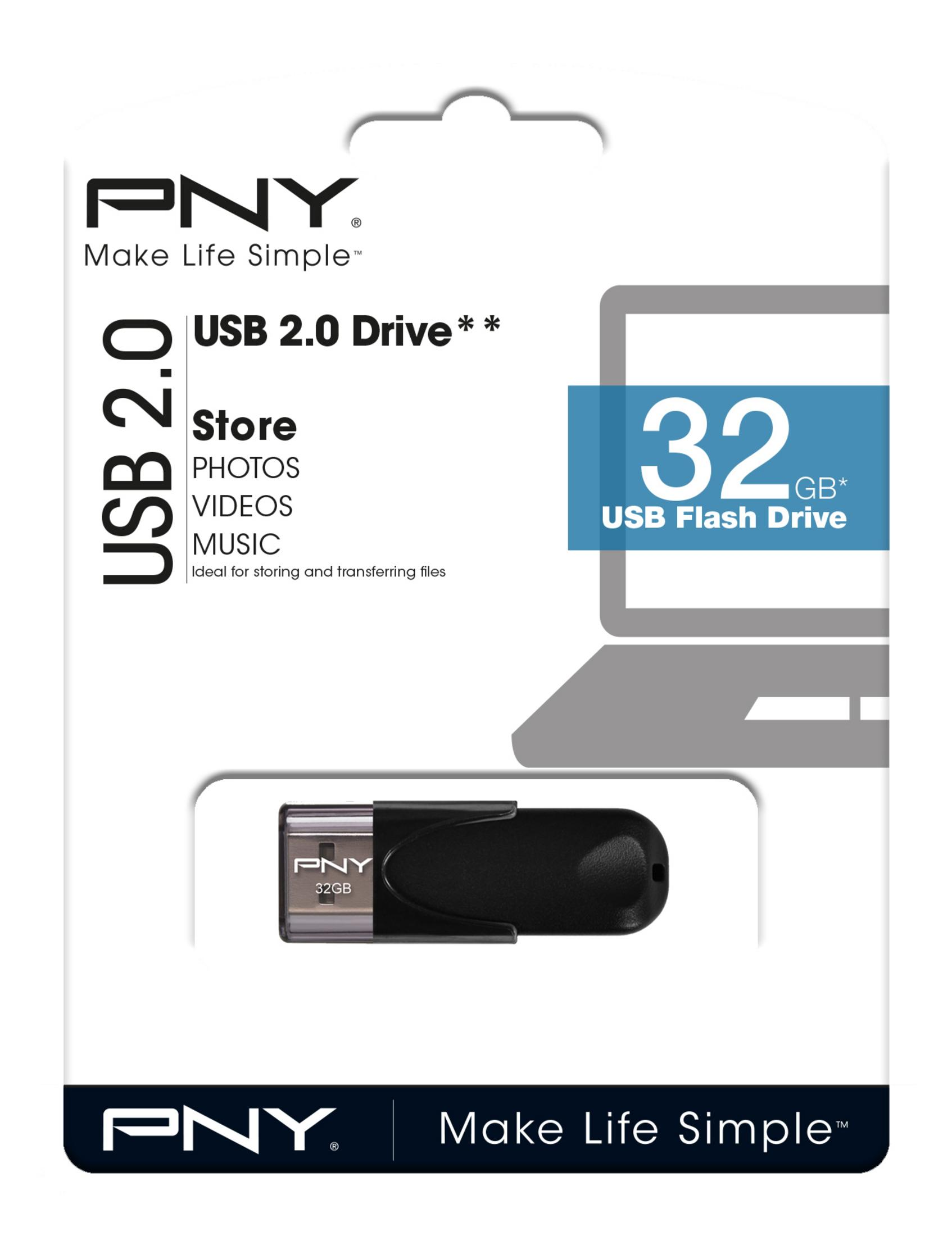 PNY 32GB USB 2.0 Flash Drive auf Verpackung mit Laptop-Grafik.