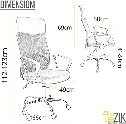 Disegno di una sedia da ufficio con dimensioni: Altezza 112-123cm, Larghezza 69cm, Profondità 49cm, Altezza seduta 41-51cm.