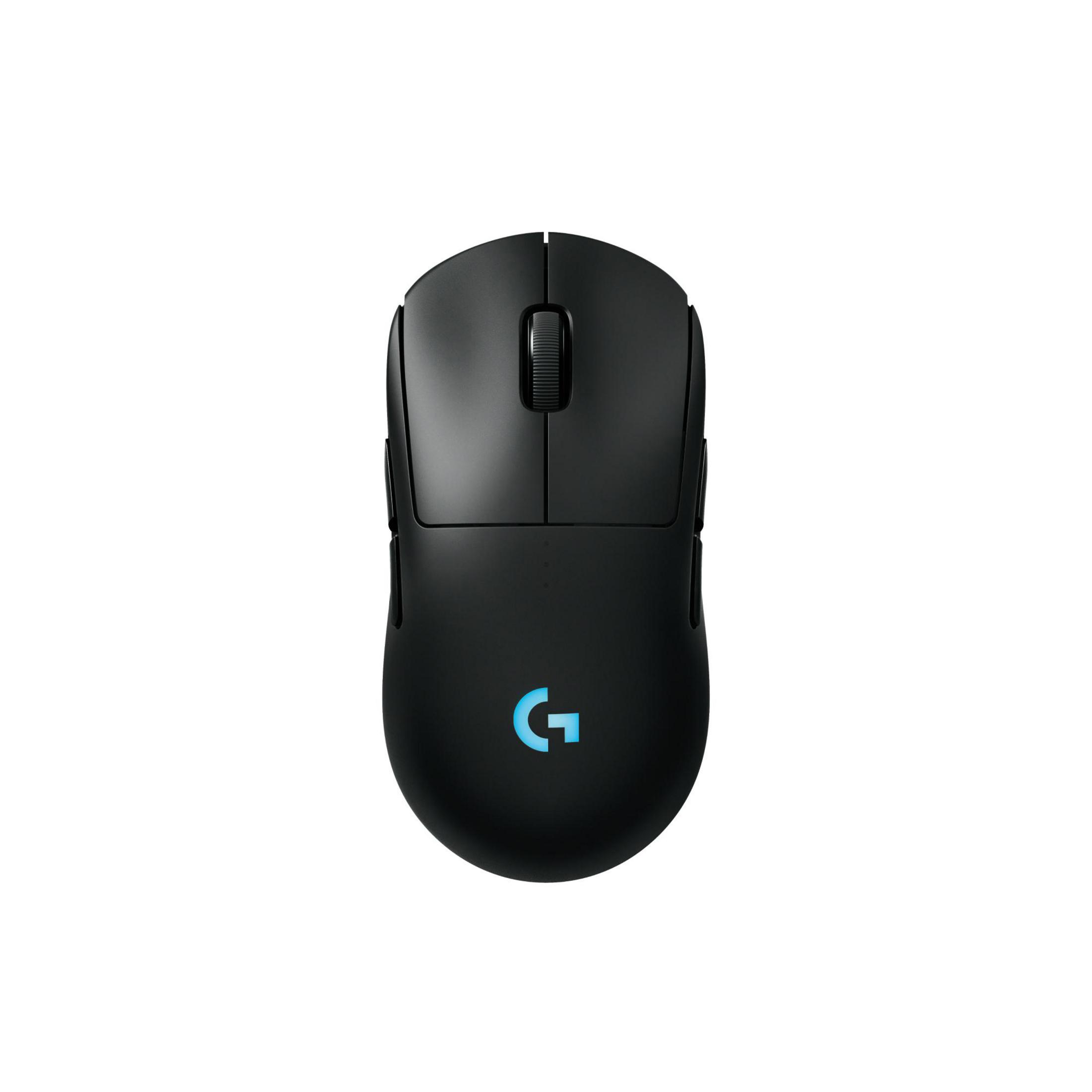 Mouse da gaming nero con logo G blu, isolato su sfondo bianco.