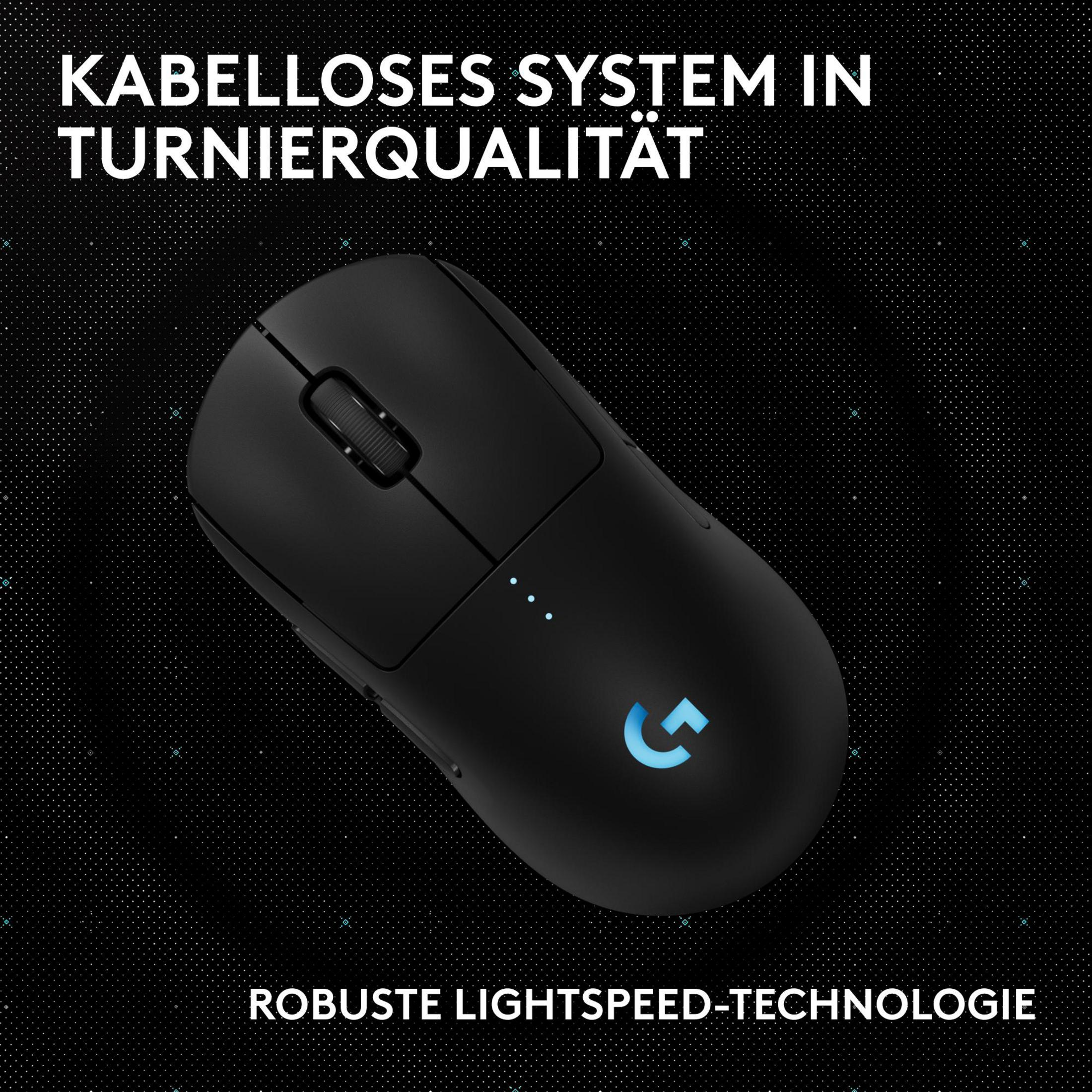 Mouse gaming wireless nero con logo illuminato su sfondo scuro.