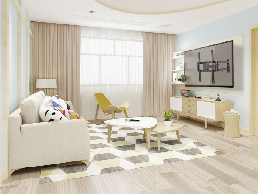 Moderne woonkamer met bank, salontafel, tv en vloerkleed.