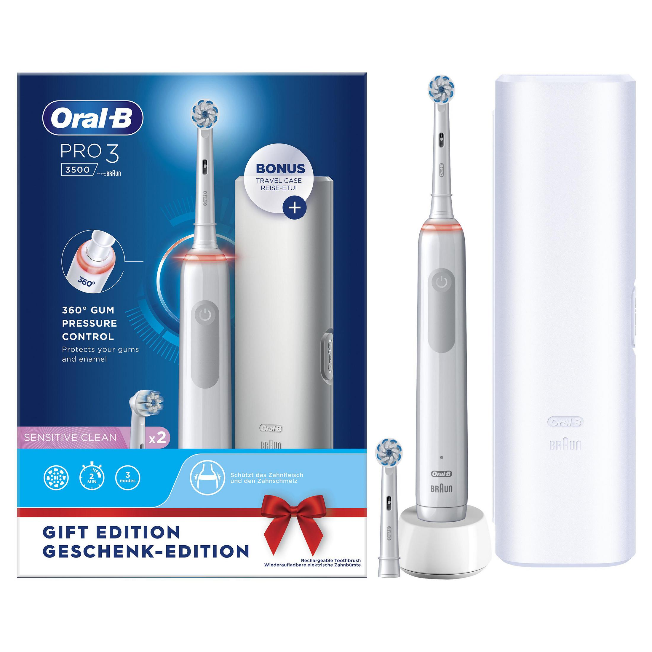 Edizione regalo spazzolino elettrico Oral-B Pro 3 con astuccio e 2 testine.