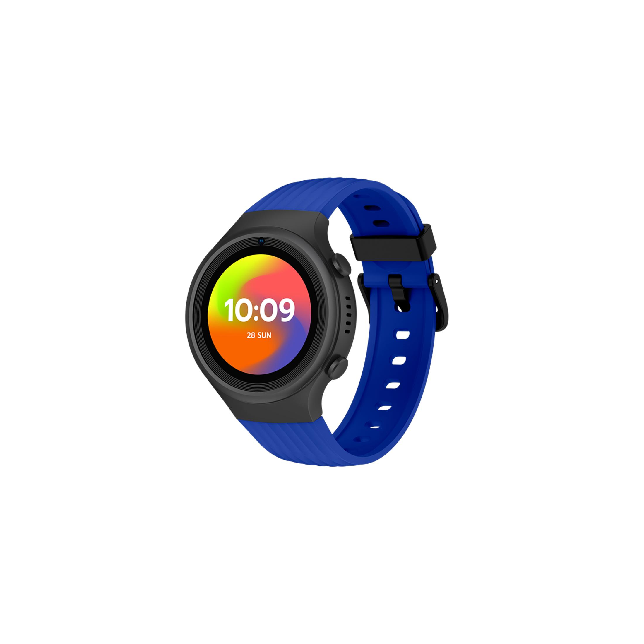 Uno smartwatch nero con cinturino blu mostra le 10:09.