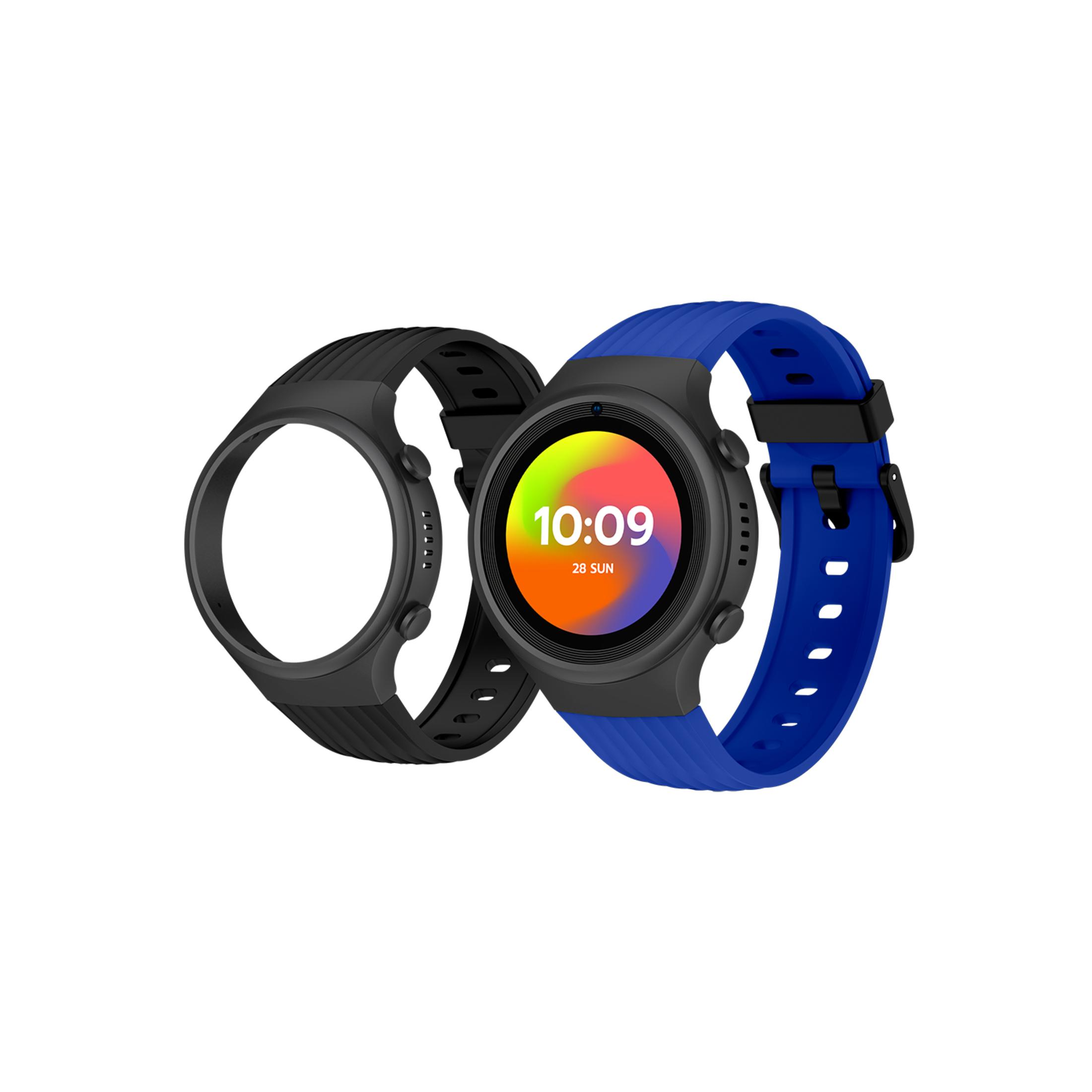 Due smartwatch una accanto all'altra, una nera, una blu. Quella blu mostra le 10:09.