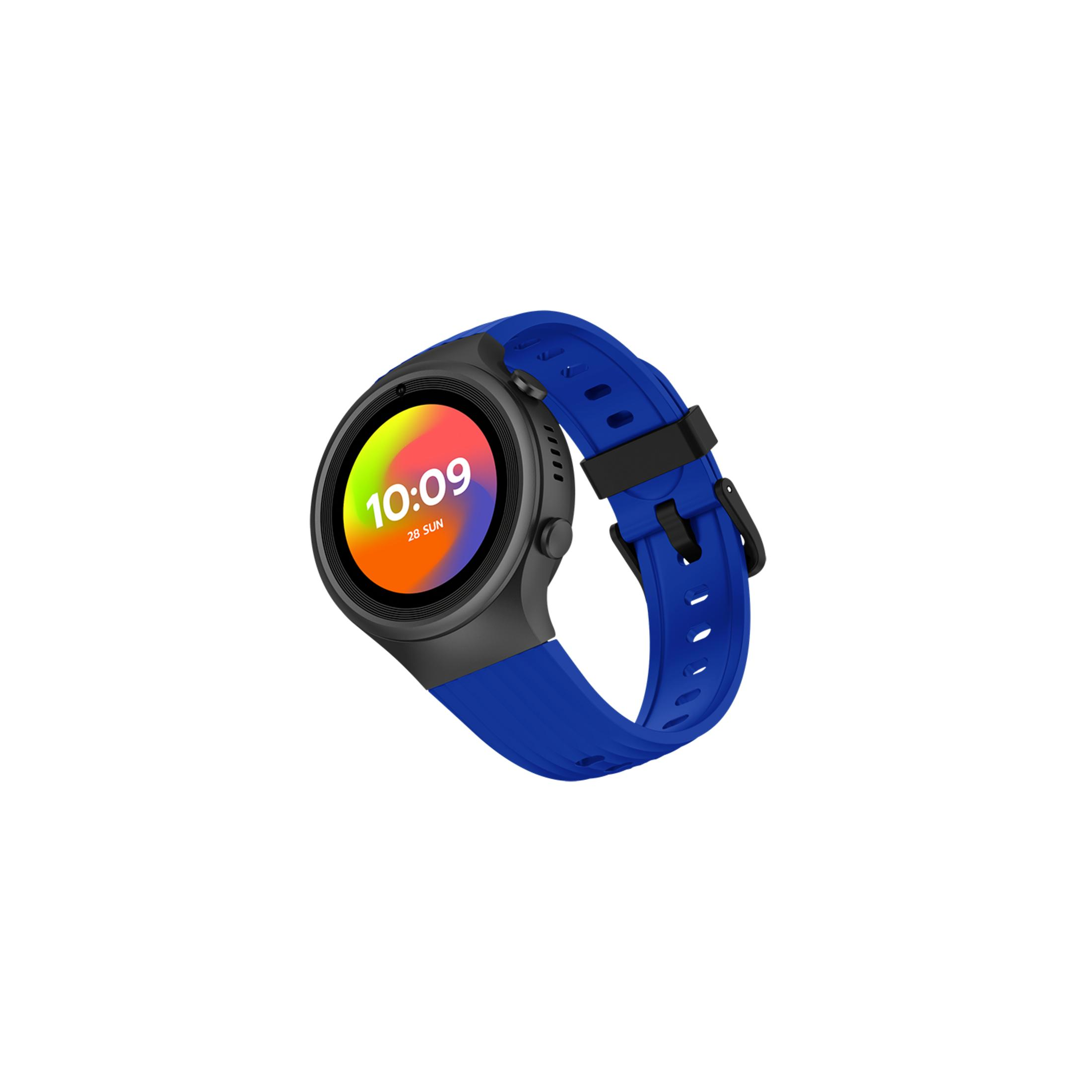 Uno smartwatch nero con cinturino blu, mostra 10:09 e 28 DOM.
