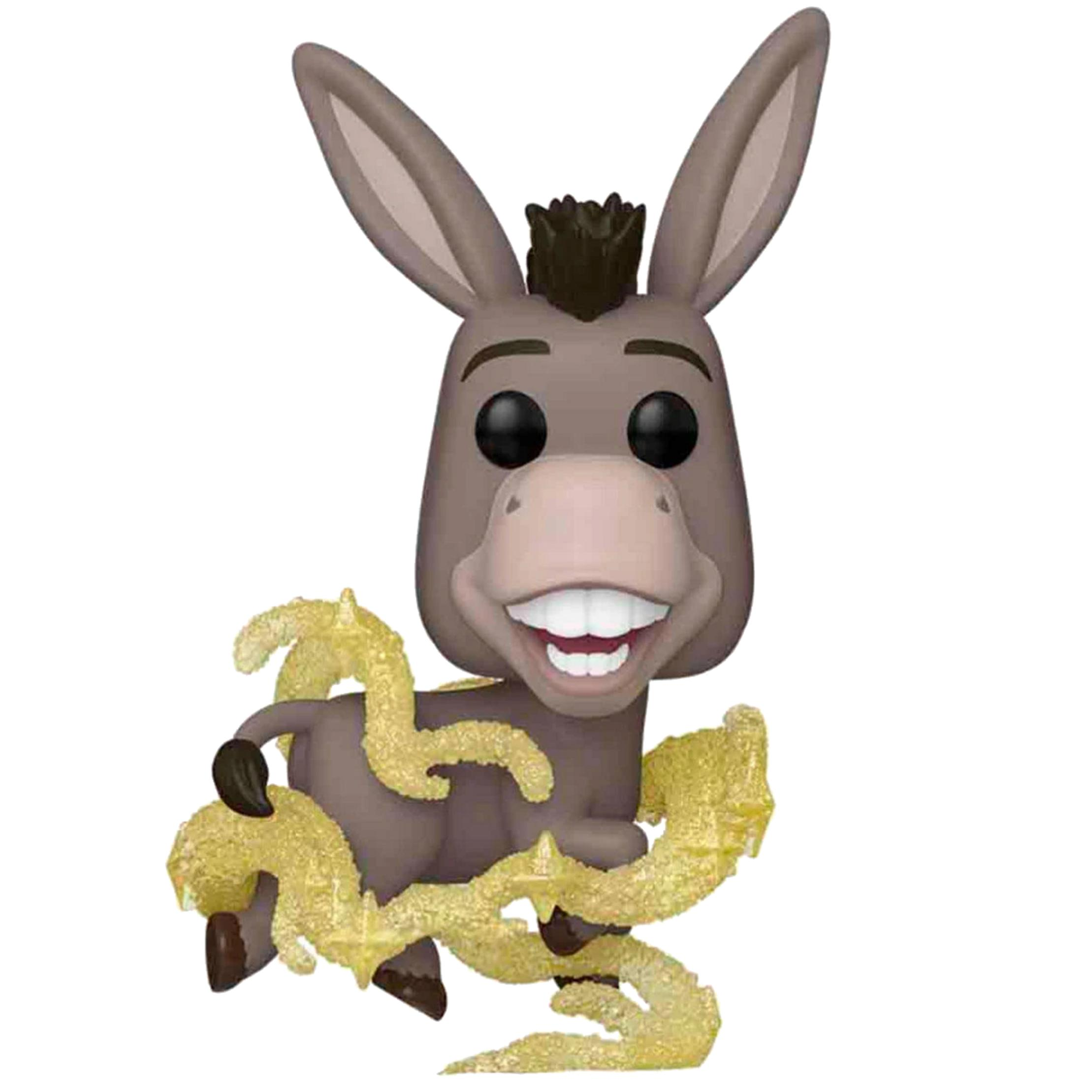 Una figura Funko Pop grigia di un asino con riccioli gialli e scintillanti.