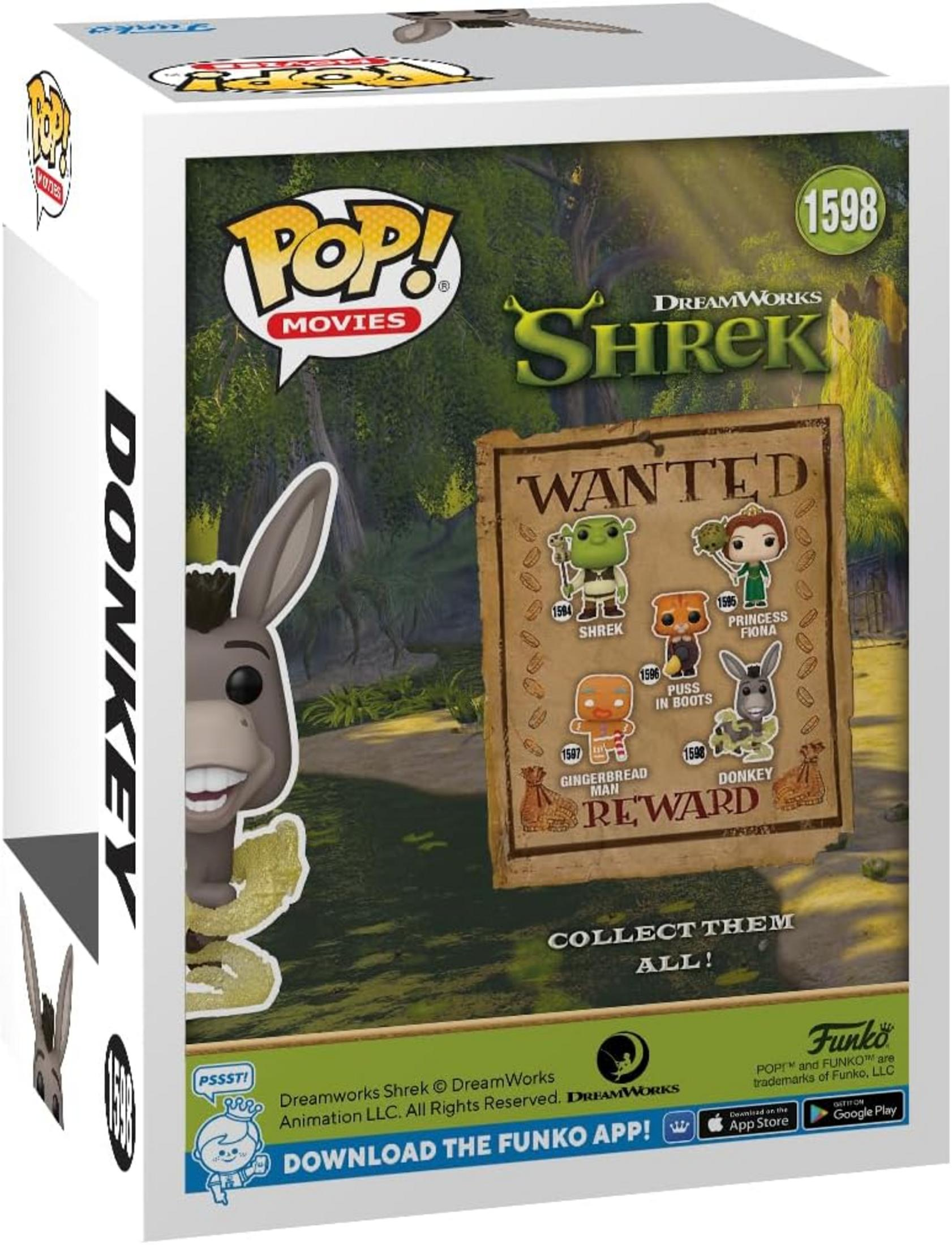 Scatola Funko Pop! Shrek con figura di Ciuchino e poster "Wanted" dei personaggi.