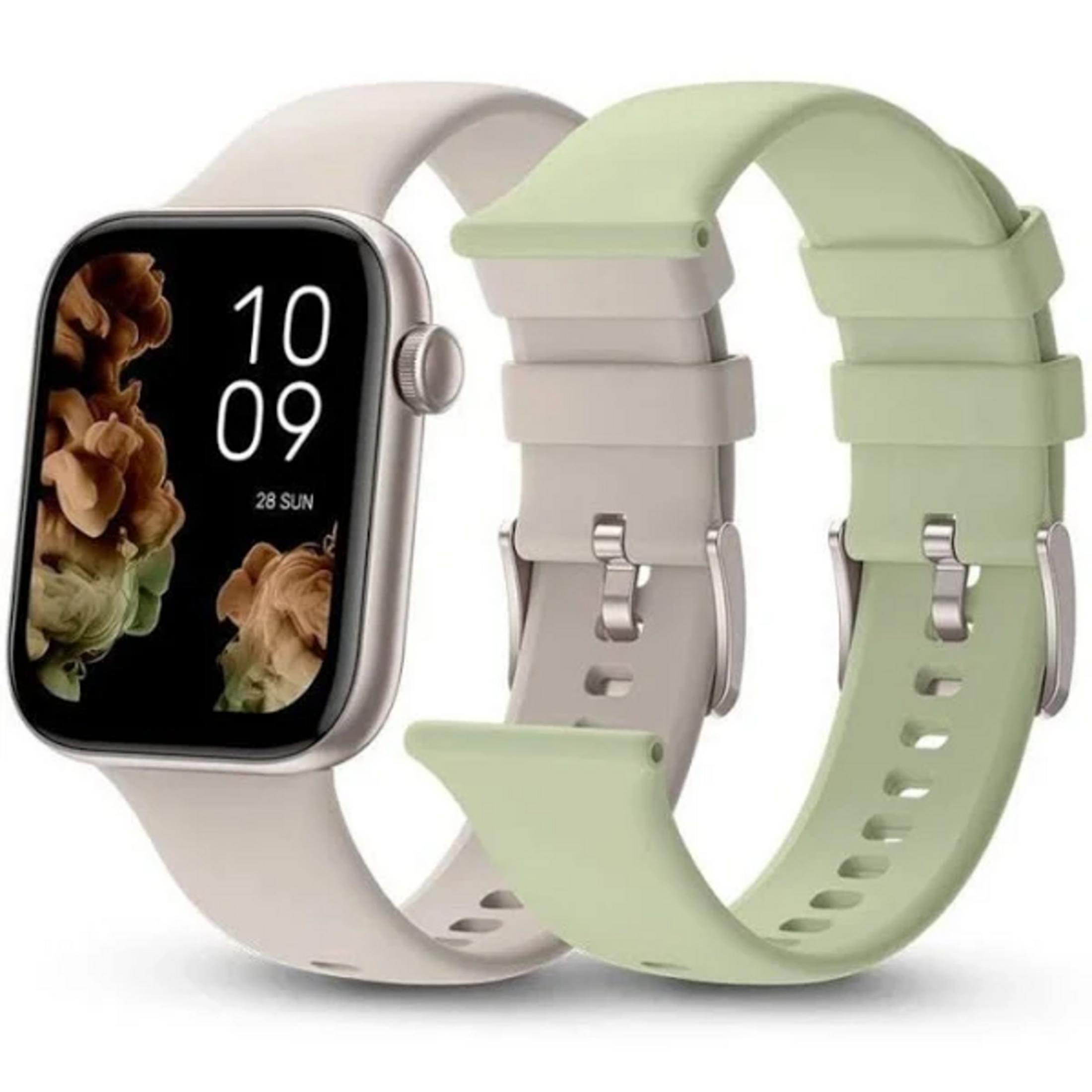 Uno smartwatch con cinturino beige chiaro e uno verde chiaro accanto.