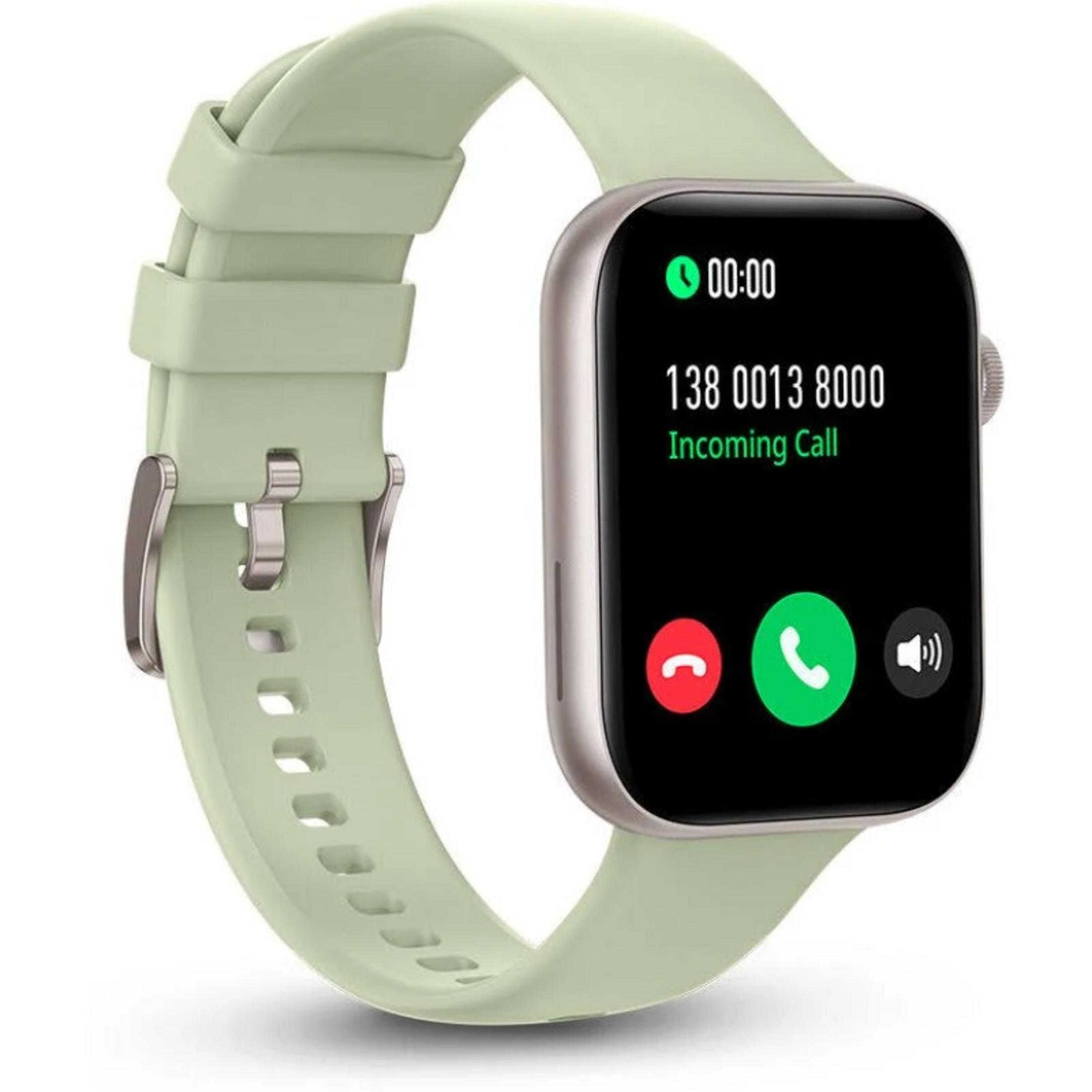 Uno smartwatch verde chiaro mostra una chiamata in arrivo.
