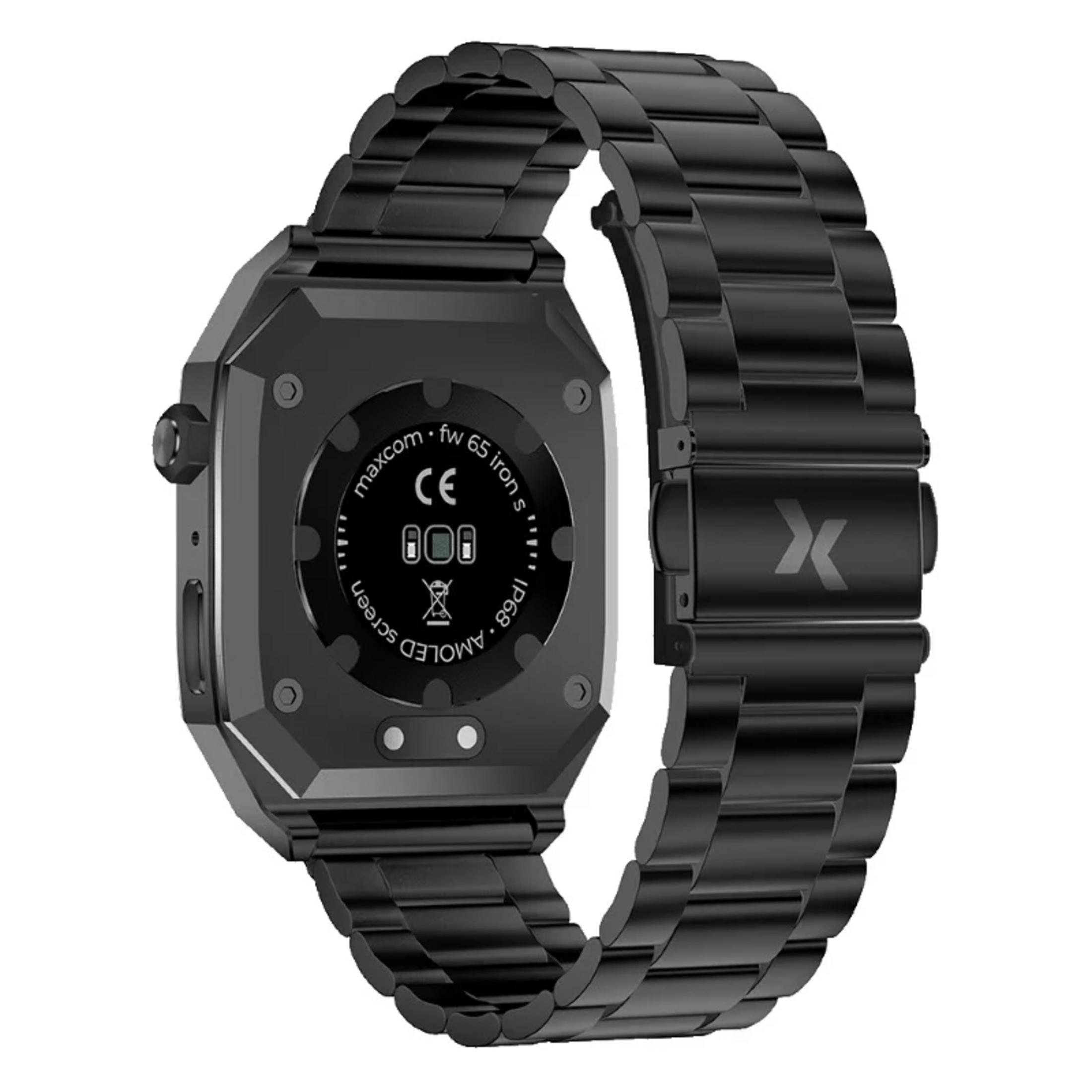 Smartwatch nero con cinturino in metallo, retro con marchio CE e IP68.