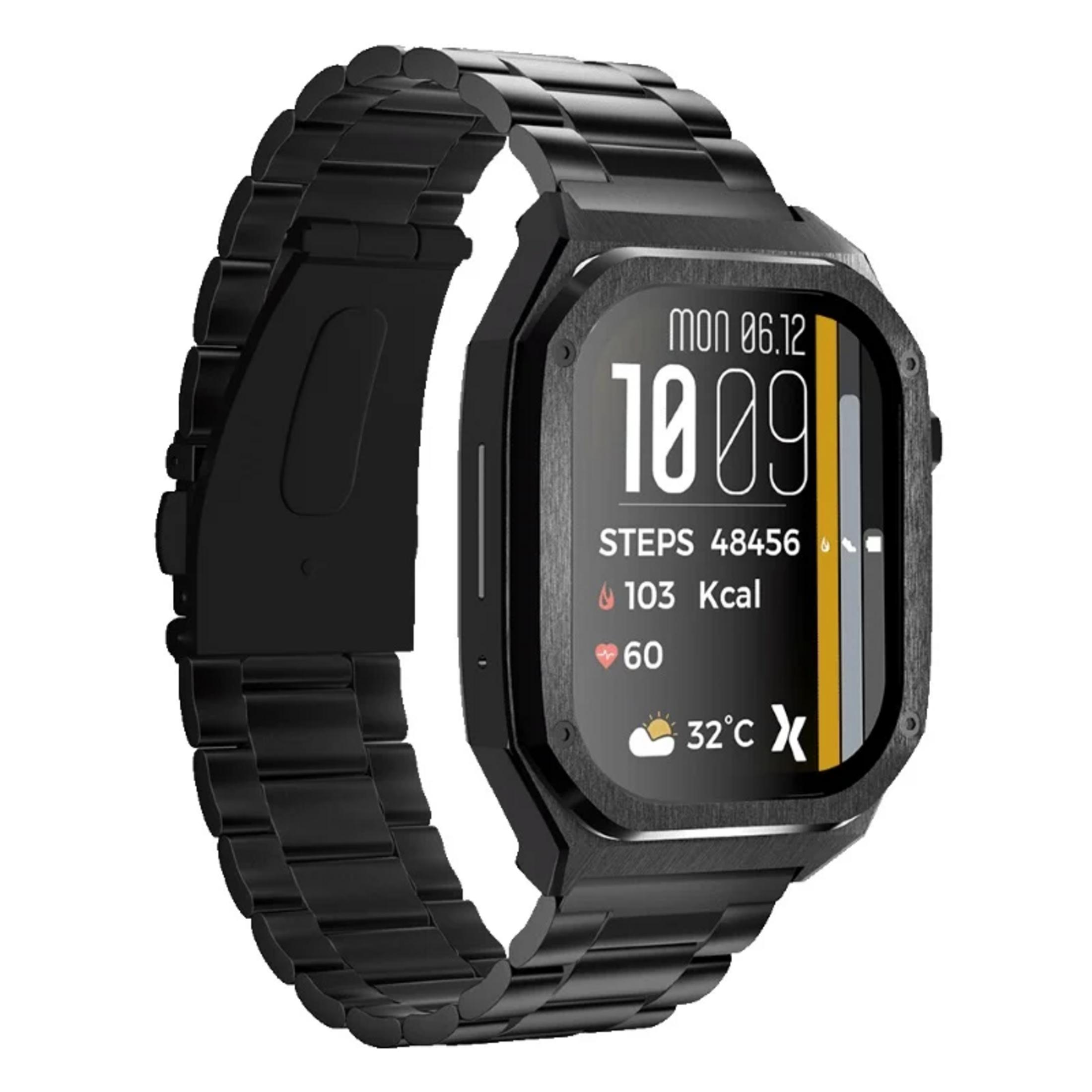 Smartwatch nero con cinturino in metallo, mostra ora, passi, calorie, battito cardiaco e meteo.