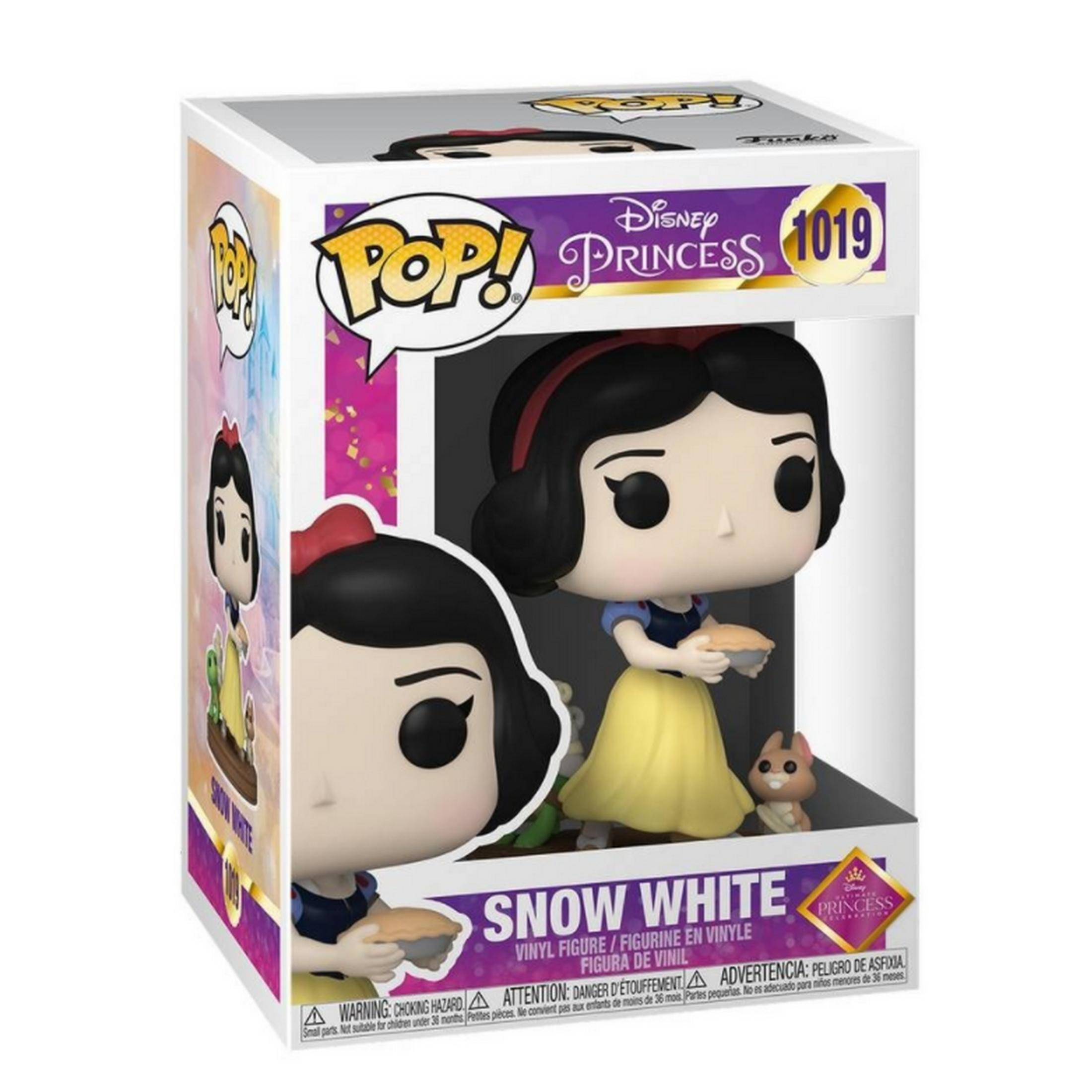 Action figure Funko Pop! Biancaneve con coniglietto e torta, nella sua scatola.
