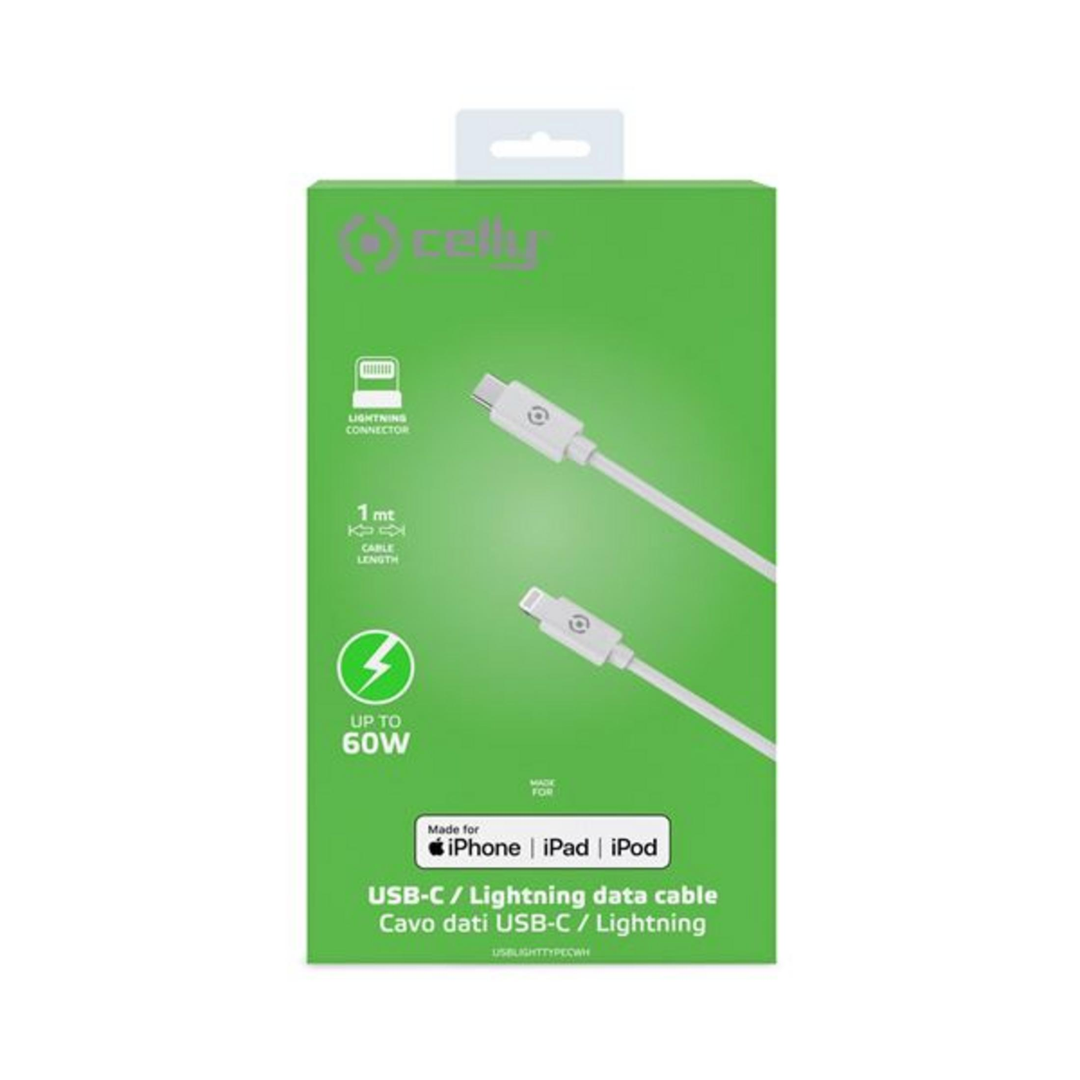 Caja de un cable USB-C a Lightning blanco, 1m, 60W, para dispositivos Apple.