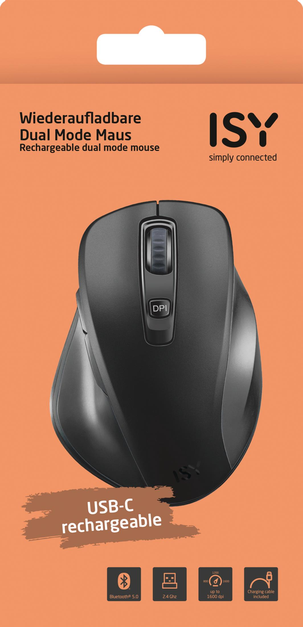 Schwarze ISY Dual-Mode-Maus mit USB-C-Aufladung, DPI-Taste und Bluetooth.